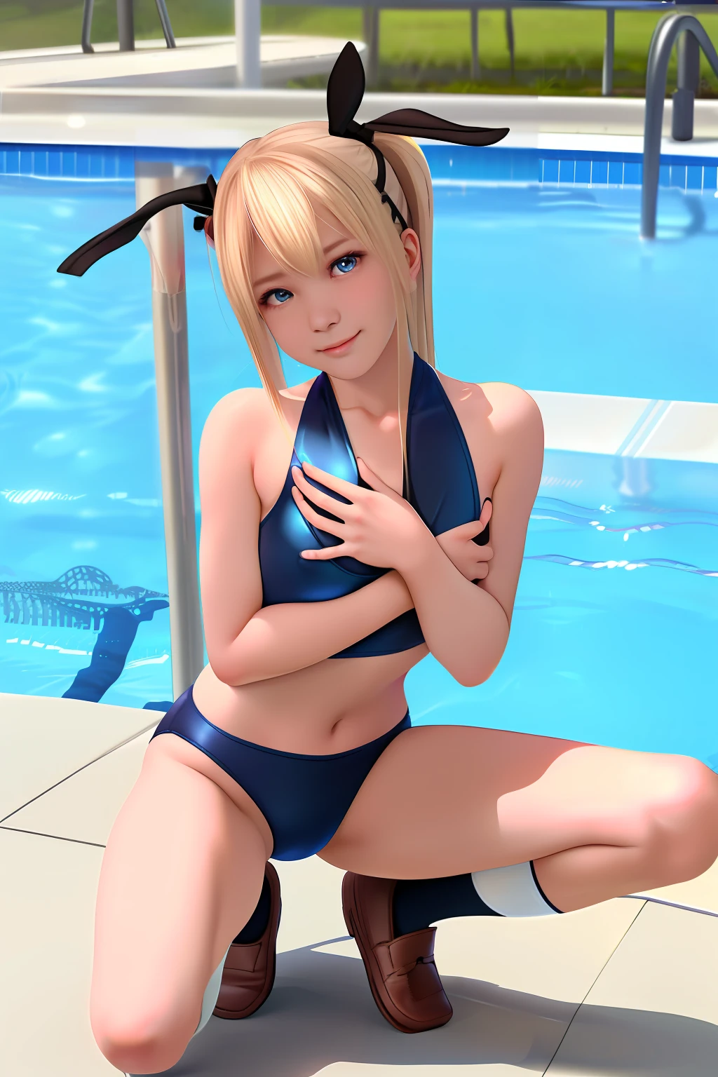Top image quality、8K picture quality、hightquality、Detailed picture、1girll、独奏、full body Esbian、Marie Rose、Twin-tailed、A smile、Embarrassing、red blush、small plump breasts、small tits、(protrusion at the tip of the chest:1.6)、(Slender body))、(Nipple sheer:1.5)、((Shiny Blue Metallic))、((Sleeveless))、((High neck competitive swimsuit:1.2))、(highleg:1.3)、(Stick hard into the crotch)、(Hard hollow in the crotch:1.3)、((Squatting on the ground))、(((Open your crotch wide from side to side:1.2)))、(Opening legs:1.2)、(Arms behind your head:1.3)、(Show off your armpits:1.2)、((Black High Socks:1.3))、((Brown loafers:1.3))、(gazing at viewer)、(Facing the viewer)、(Keep your feet open to your audience)、(white thighhig)、in poolside、profetional lighting、Frontal shot