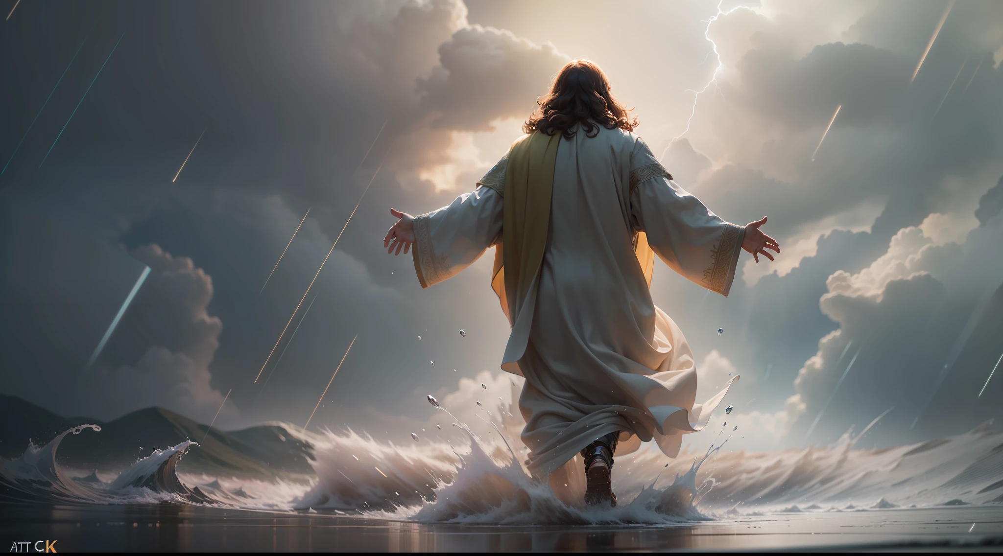 jesus walking on water in a storm, masterpiece, best quality, high quality, extremely detailed CG unit 8k wallpaper, award winning photography, Bokeh, Depth of Field, HDR, bloom, Chromatic aberration, photorealistic, extremely detailed, trending on artstation, trending on CGsociety, intricate, high detail, dramatic, mid-journey art, volumetric lighting