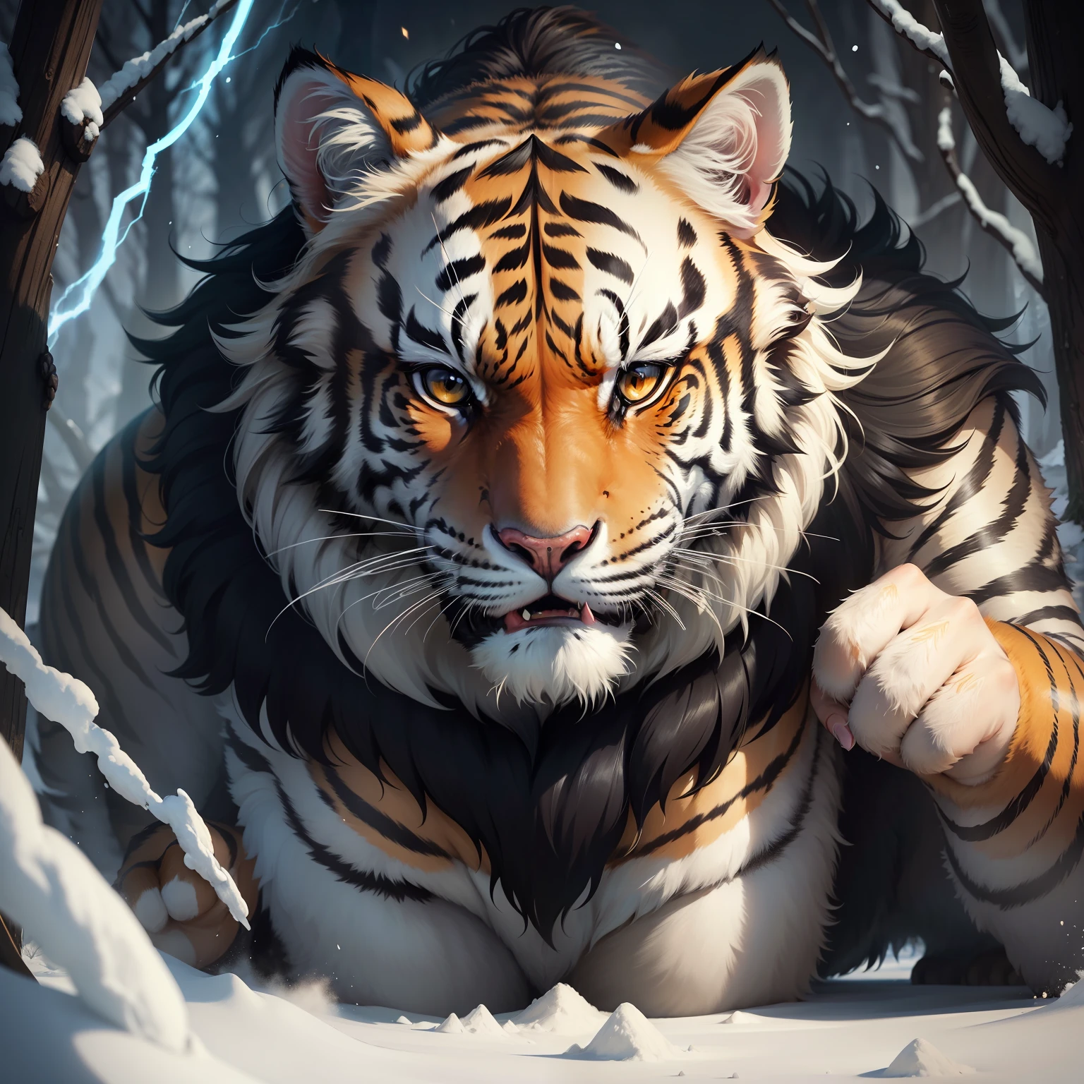But this Siberian tiger is visually inspected,That's just over three meters,The posture is even more majestic。
The coat is gorgeous,Round head,The kiss is wide,Big eyes,It has white whiskers on the side of his mouth。
Even that beard was about twenty or thirty centimeters to the touch,Between pacing,A fierce light appeared。
The black stripe on the forehead resembles the character for king in Chinese characters,It looks even more powerful。
"Roar—"
A roar,Tiger Roaring Mountain Forest。