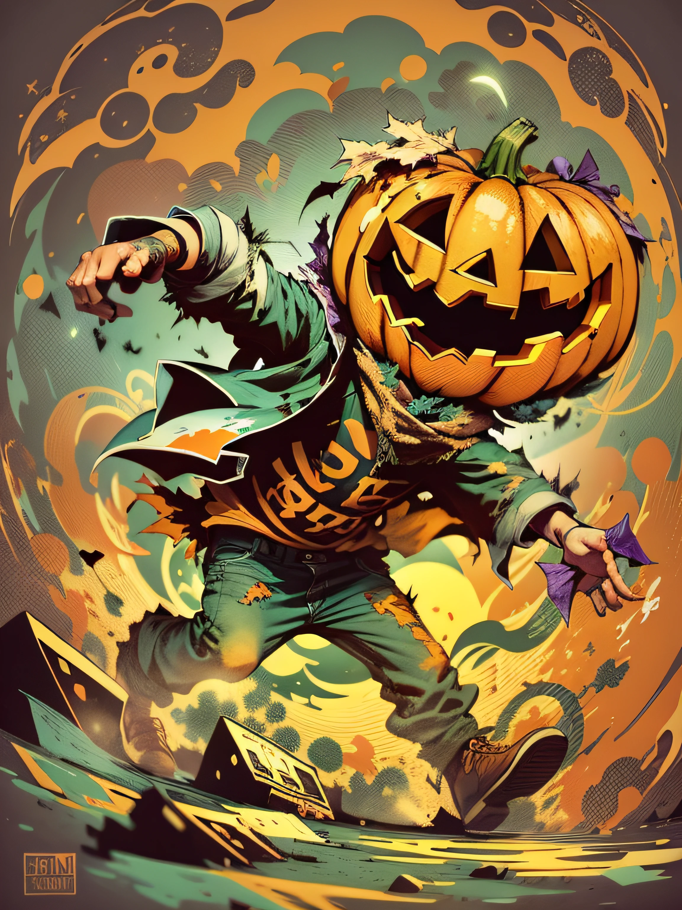 Vector, Print-ready colorful graffiti, illustartion: pumpkin, Halloween, action shot, high detail, whitebackground