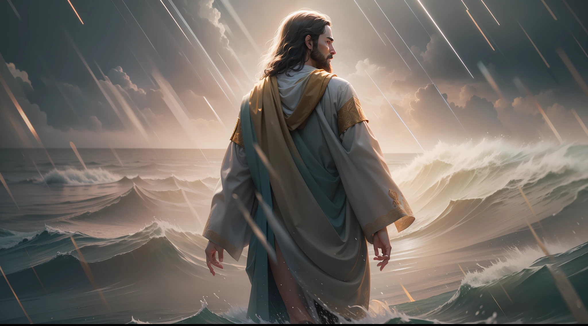jesus walking on water in a storm, masterpiece, best quality, high quality, extremely detailed CG unit 8k wallpaper, award winning photography, Bokeh, Depth of Field, HDR, bloom, Chromatic aberration, photorealistic, extremely detailed, trending on artstation, trending on CGsociety, intricate, high detail, dramatic, mid-journey art, volumetric lighting
