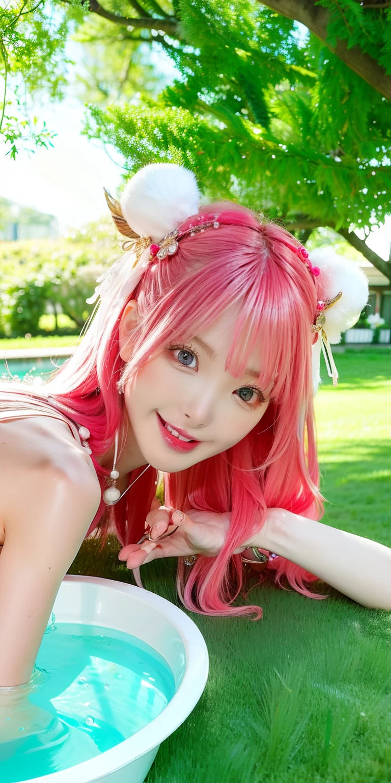 (8K, 4K, Best Quality, hight resolution:1.2), (maasterpiece, Realistic, photographrealistic:1.37), 1girl in, Solo, Beautiful face, Eyelashes, Nose, Glossy lips, (Detailed eyes, Looking at Viewer, Fair skin, White skin:1.5), fine complexion, Upper body,
Large breasts, busty, , (:1.5),
outdoor bath,
two side up, absurdly long hair, Blonde hair, Pink hair, Bangs, Hair Ornament, Bow,
Younger, aged down,