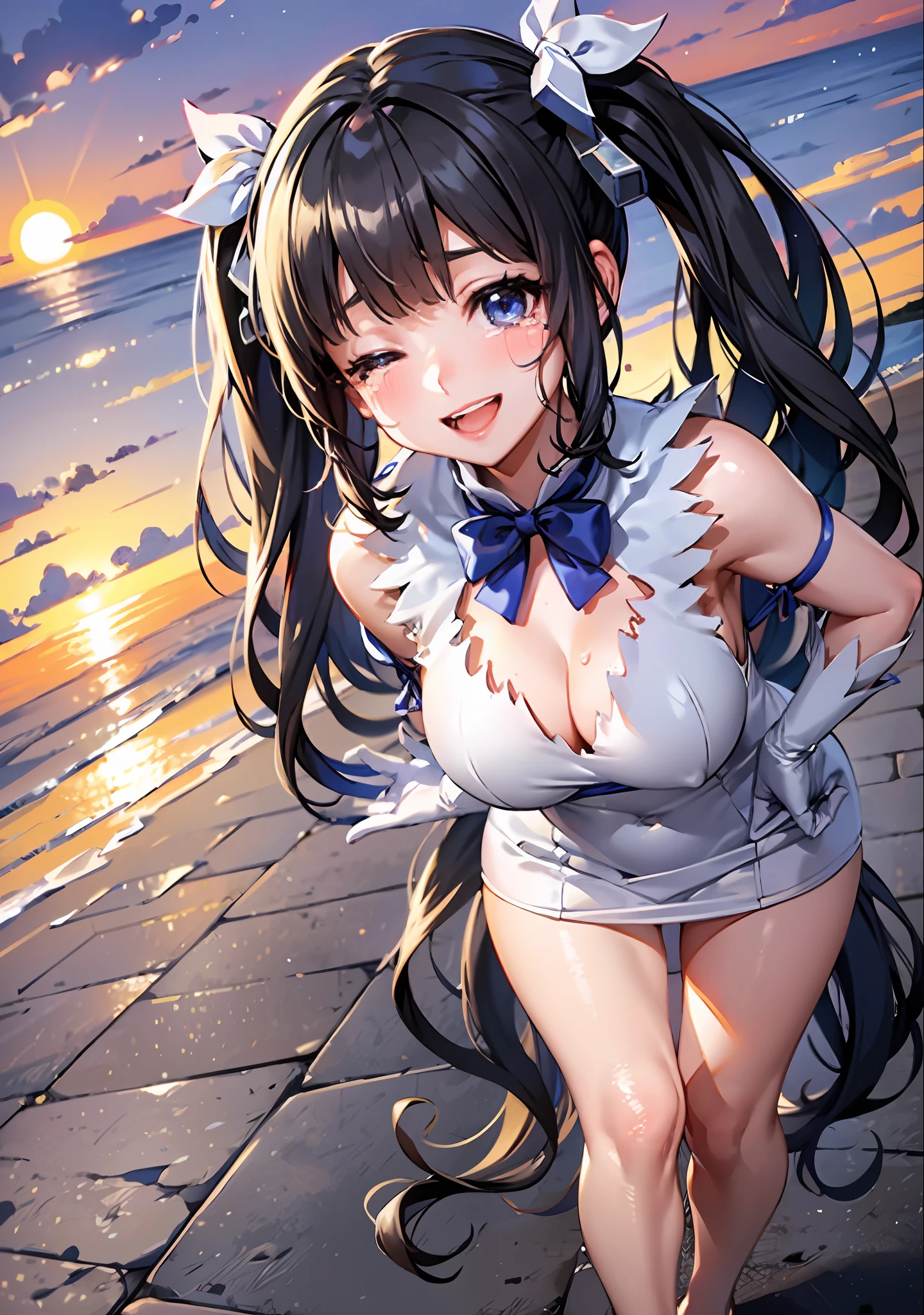 1girl,hestia, blue eyes, black hair, twintails,barefoot, blue bow, blue bowtie, bow, bowtie, cleavage, cleavage cutout, clothing cutout, dress, gloves, pencil dress, (rei no himo:1.5), short dress, white dress, white gloves,head tilted to one side,eyes closed, smile,happy face,happy expression,big smile,sunset,(teary:1.2),(teary eyes:1.4),(tears:1.2),standing,outdoors,masterpiece,extremely detailed CG unity 8k wallpaper, best quality,32k,focus sharp,