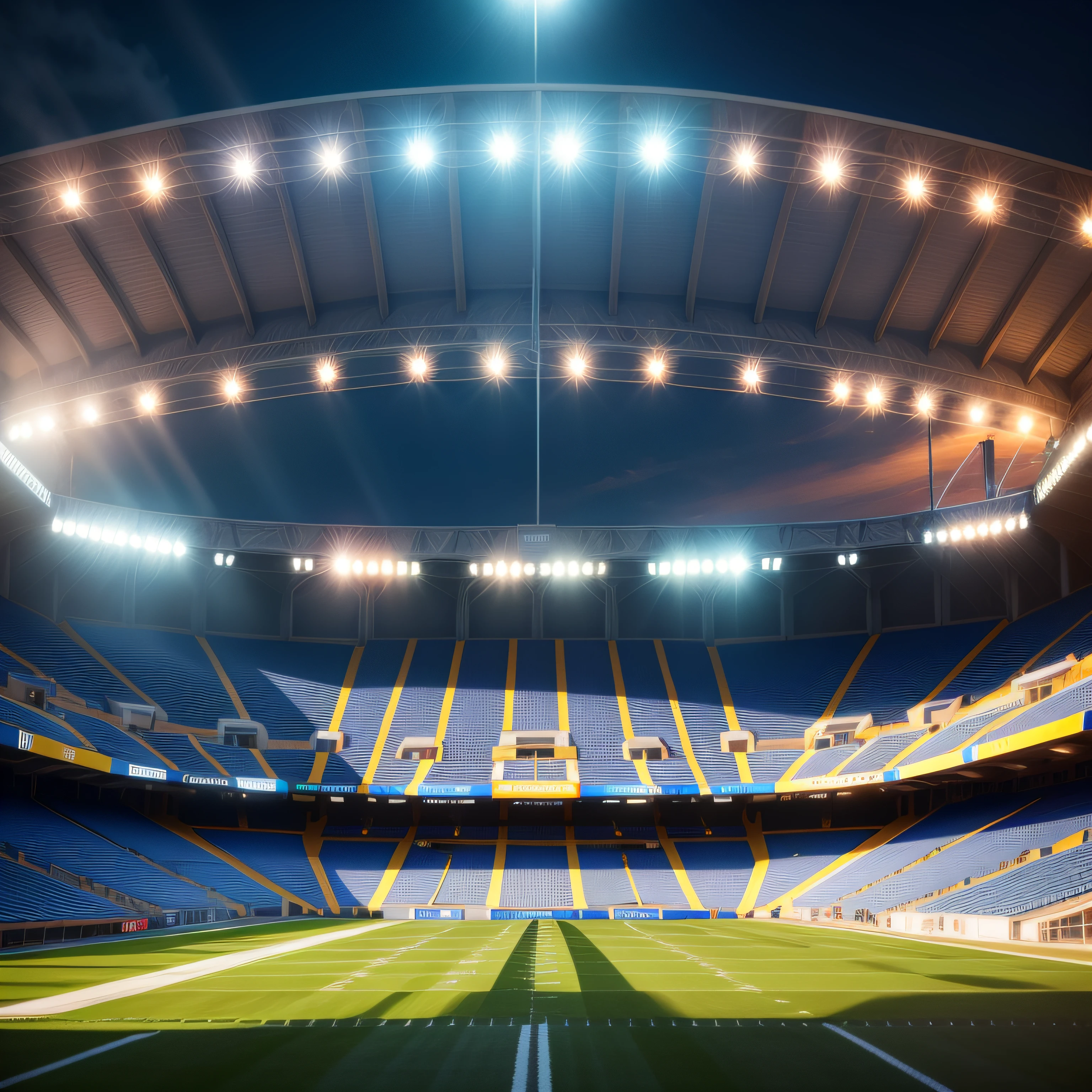 Football stadium with lights and fans in the colors of blue and yellow, XF IQ4, 150MP, 50 millimeters, ISO 1000 Certification, 1/Anos 250, Luz Natural, Adobe Lightroom, photolab, Foto Affinity, PhotoDirector 365
