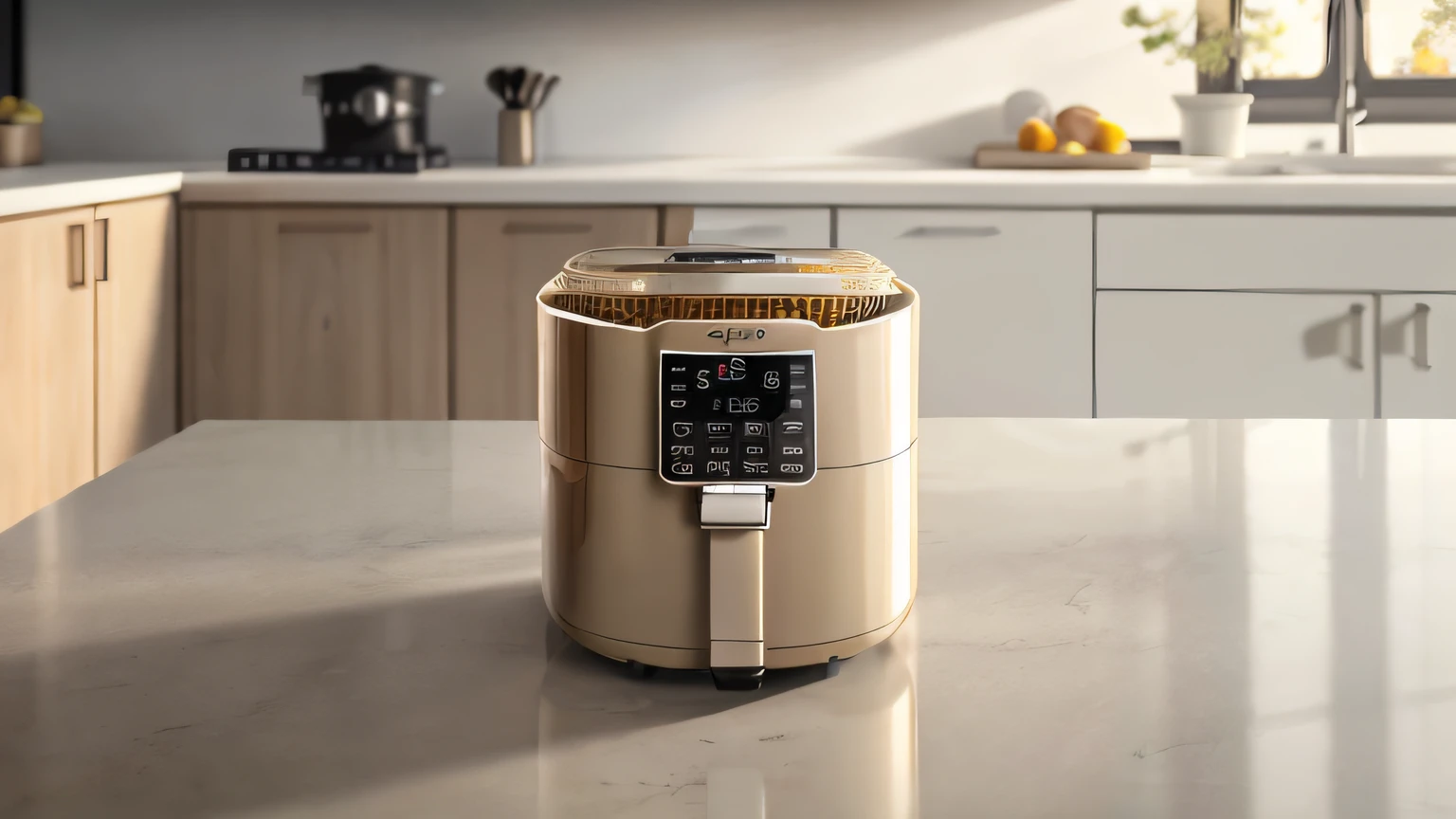 Air fryer placed on the table, Food next to it，Off-white style，In the distance are cabinets，Minimalist style，hyper HD, 8K, Best picture quality ,realisticlying，Foto realism，cupboard，Lens perspective blur，