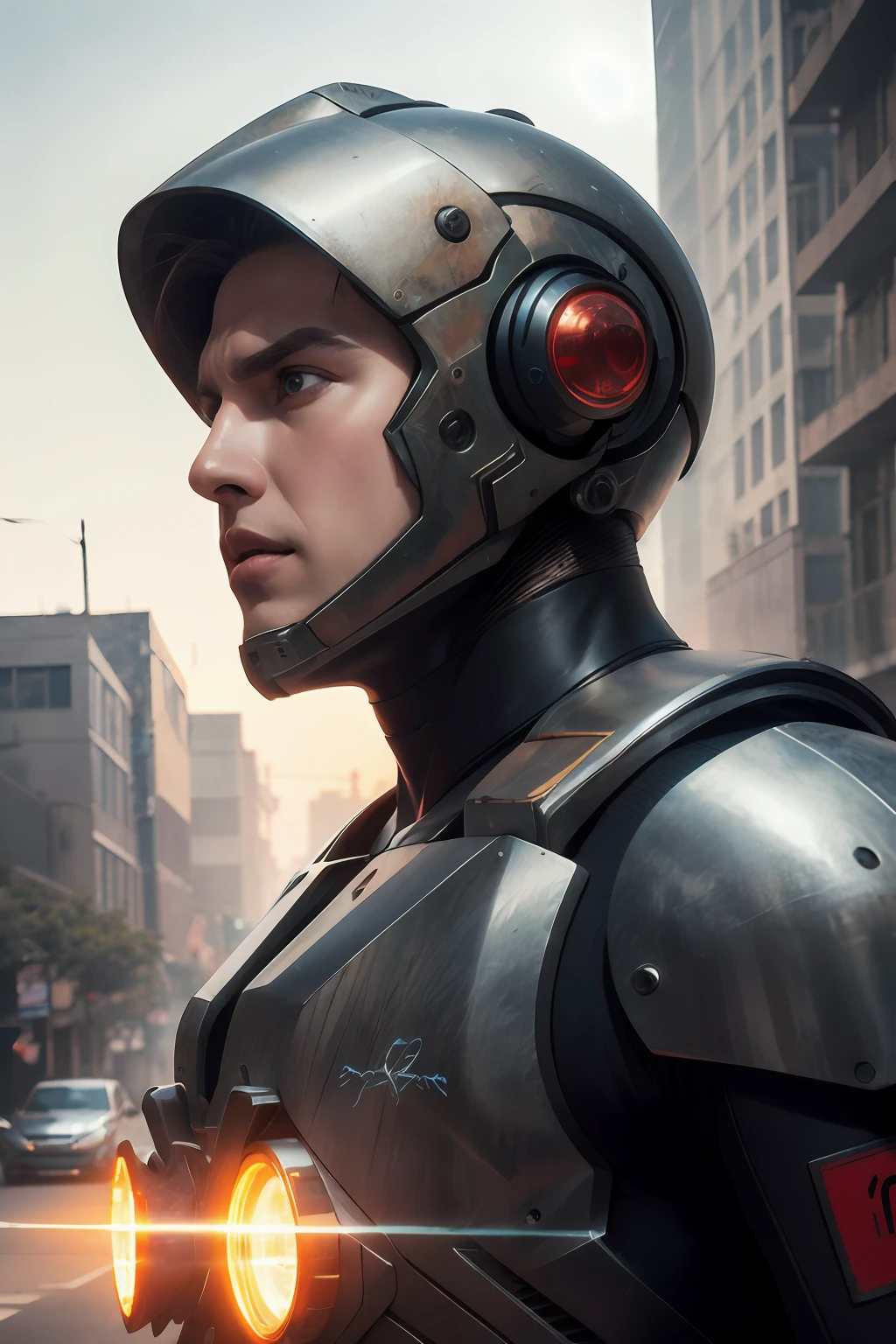 Portrait photo of an alpha male, perfect eyes, in a worn mecha suit, intricate, (steel metal [rust]), elegant, sharp focus, photo by greg rutkowski, soft lighting, vibrant colors, masterpiece, ((streets)), cowboy shot, dynamic pose,