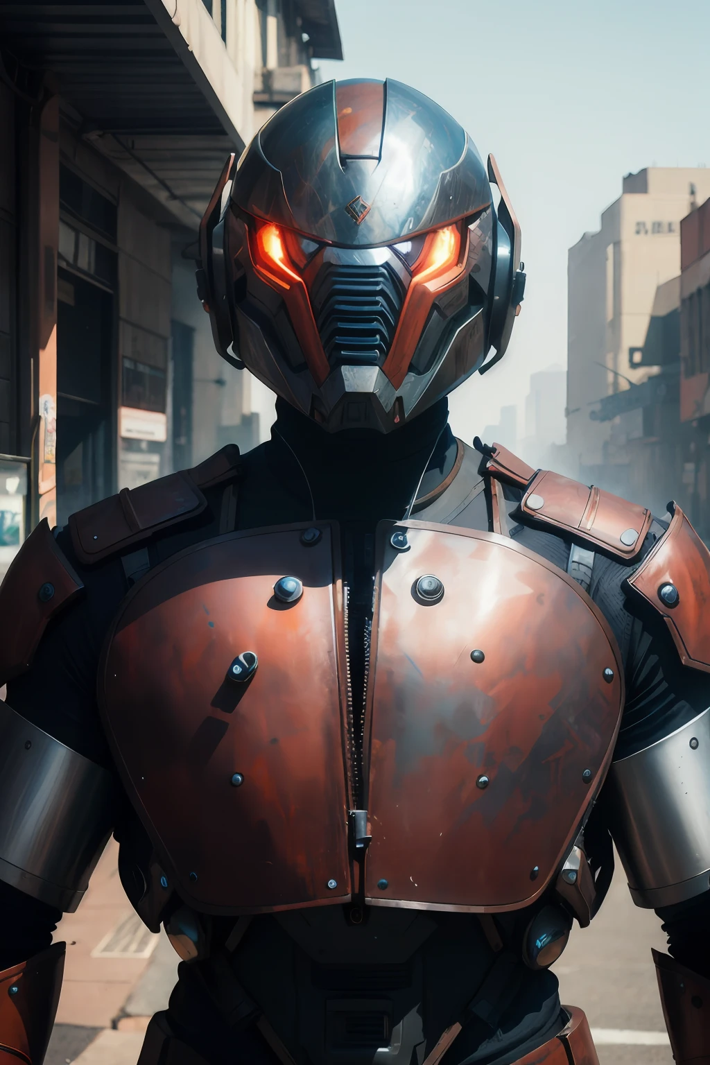 Portrait photo of an alpha male, perfect eyes, in a worn mecha suit, intricate, (steel metal [rust]), elegant, sharp focus, photo by greg rutkowski, soft lighting, vibrant colors, masterpiece, ((streets)), cowboy shot, dynamic pose,