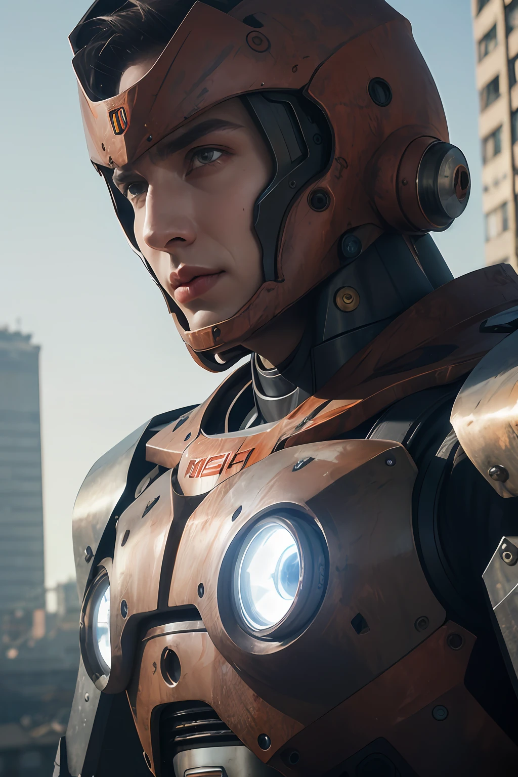 Portrait photo of an alpha male, perfect eyes, in a worn mecha suit, intricate, (steel metal [rust]), elegant, sharp focus, photo by greg rutkowski, soft lighting, vibrant colors, masterpiece, ((streets)), cowboy shot, dynamic pose,