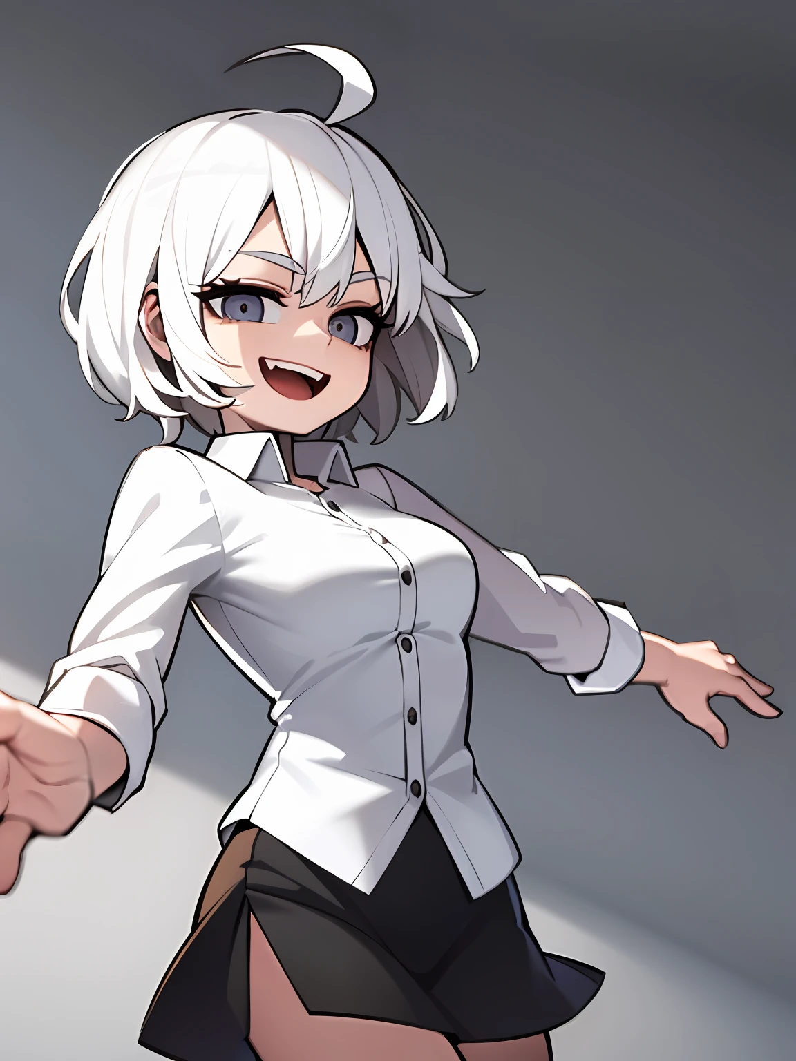 ((masterpiece, best quality)), (1girl), (solo), (female focus), (ahoge, white hair, short hair), black eyes, light smile, open mouth, ((white shirt), (buttoned shirt ), (button slit)), ((black dress), (short skirt)), standing, white background, behind arms, dynamic angle