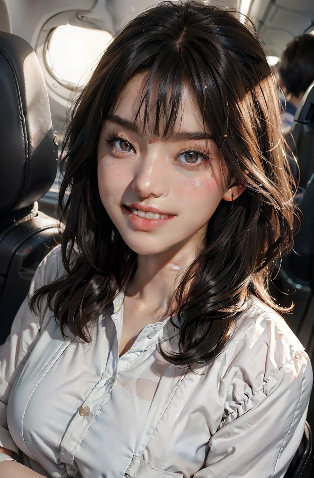 top-quality、​masterpiece、超A high resolution、(Photorealsitic:1.4)、Raw photo、1人、Brown hair with bangs、drooing eyes、thin-waist、Colossal tits、CA Uniform、On the plane、slim figure、Light smile with visible teeth