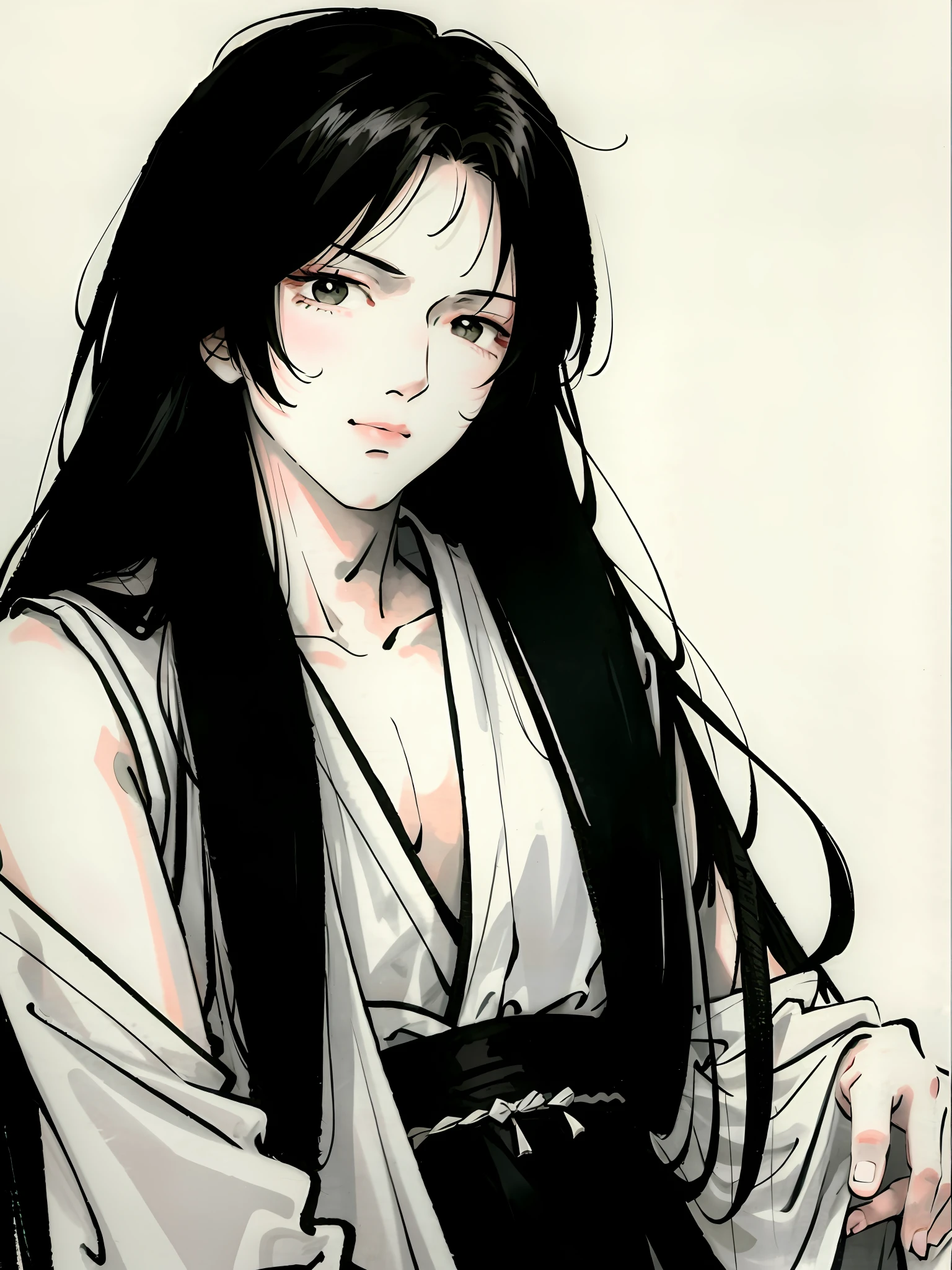 A man with long black hair and a white Chinese dress