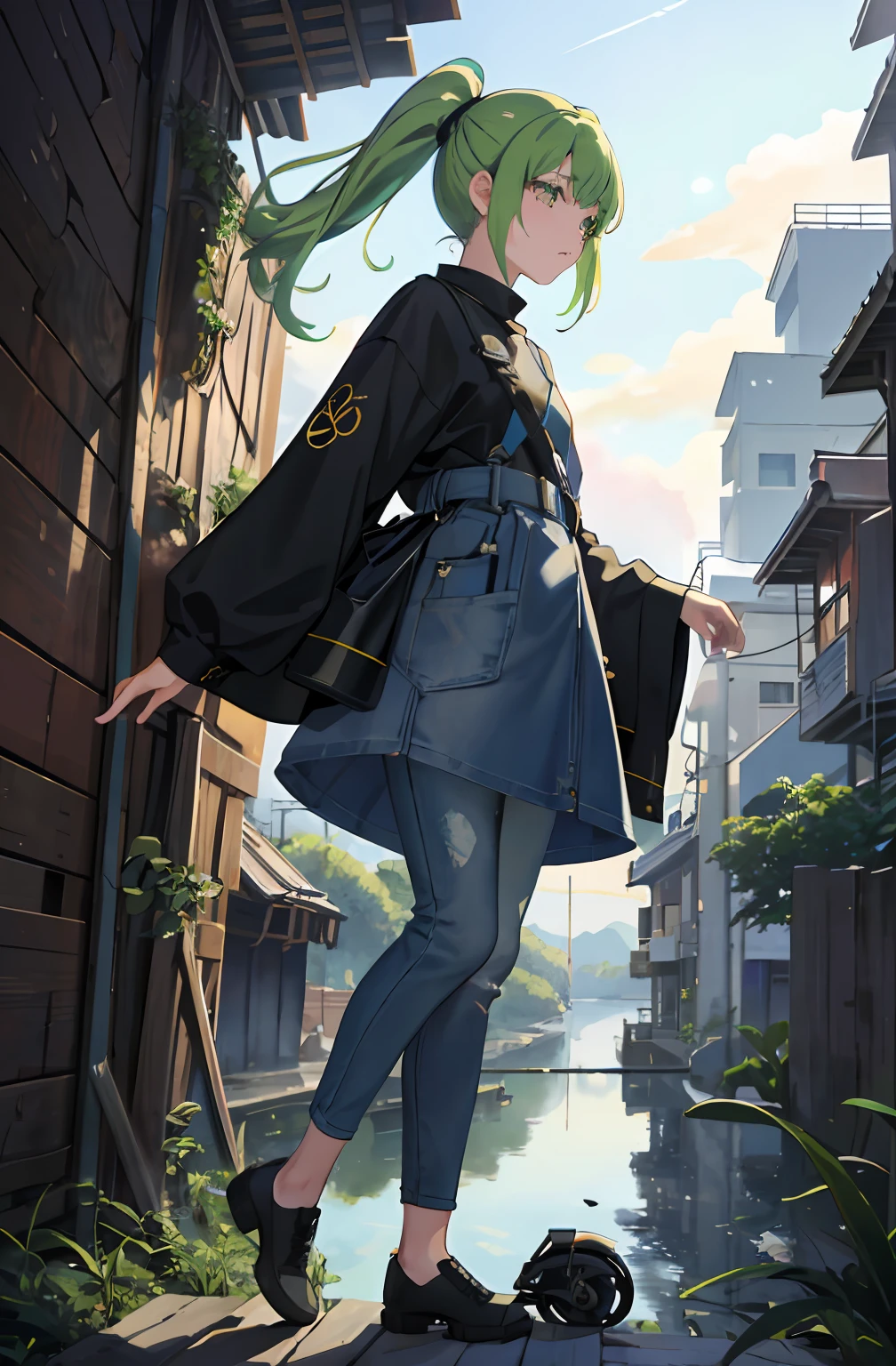 Vast landscape photos、Beautiful little girl staring at submerged city、Eyes Like Gems、Jeans pants、green colored hair、poneyTail、(motor bikes:1.2)、(scooter:1.2)、rubble、Perished metropolis、ivy、Giant trees、the wind、(Watercolor style:1.2)、A scene from the story、intricate detailes、Volume Lighting BREAK (​masterpiece:1.2)、(top-quality)、4K、ultra-detailliert、（The composition of the movement：1.4）、Highly detailed and colorful details（Irridescent color：1.2）、（Glowing lighting、Atmospheric illumination）、(sad:1.5)、Terotero、The Age of Tero、（独奏：1.2）
