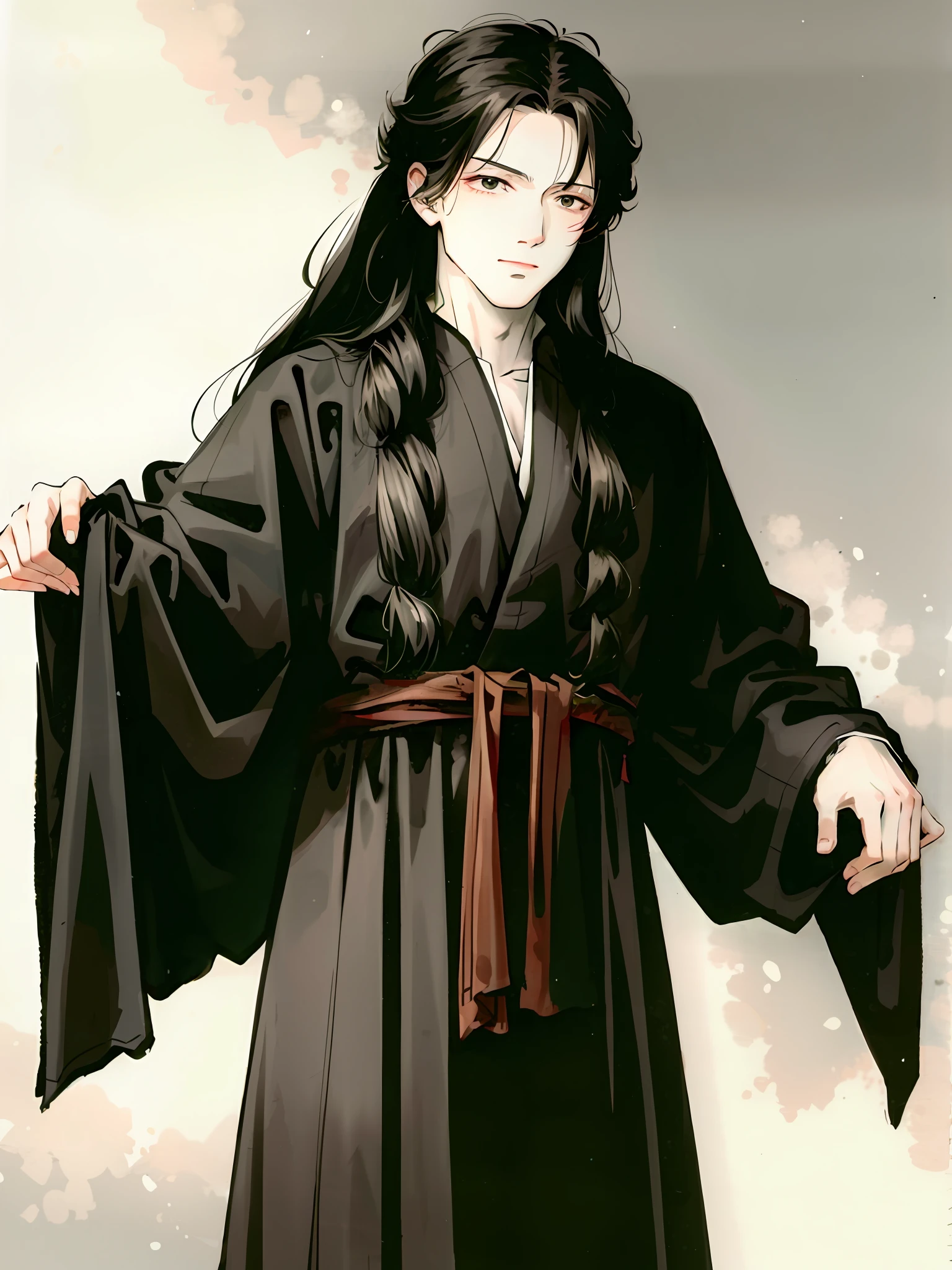A man with long black hair and a white Chinese dress