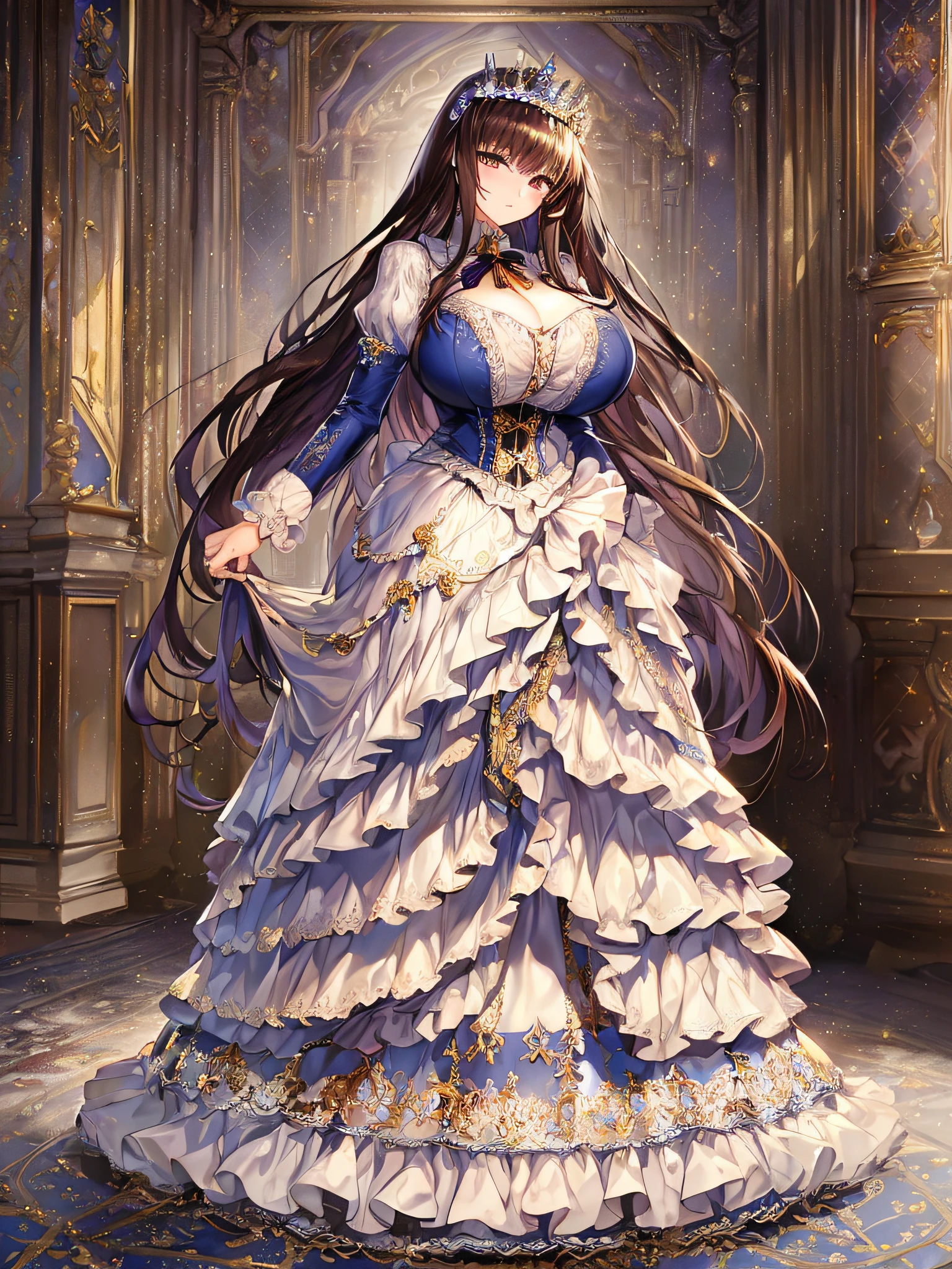 ((anime artstyle)),(Masterpiece),(Best Quality), (Super Detail),((Very Delicate and Beautiful)),((Solo)),((full body)),((1 princess in gorgeousfull victorian dress with voluminous skirt)),many ruffles,detailed face and eyes,jewel-like eyes,((voluminous Very Long Straight Hair)),((gorgeousfull embroidery and lace)),gorgeous corsage,See-through,gorgeousfull hair ornament,gorgeousfull glitter jeweled tiara,ornate ruffles,((gigantic breasts,Long breasts)),skindentation,((full body)),((hoop skirt,crinoline)),standing pose,Dynamic Angle,Looking at viewer,royal victorian palace,(((gorgeous embroidery gorgeousfull victorian dress with voluminous skirt)),full body