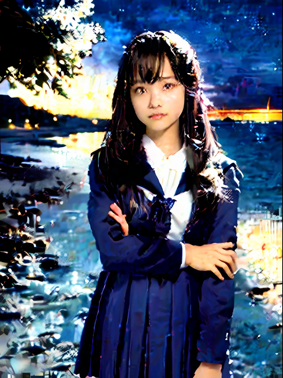 1girl,solo,closed mouth,night,starry sky,light particles,otonokizaka school uniform  ,pose, realistic,  medium breasts, beach,twilight,realistic, best quality,looking at viewer,