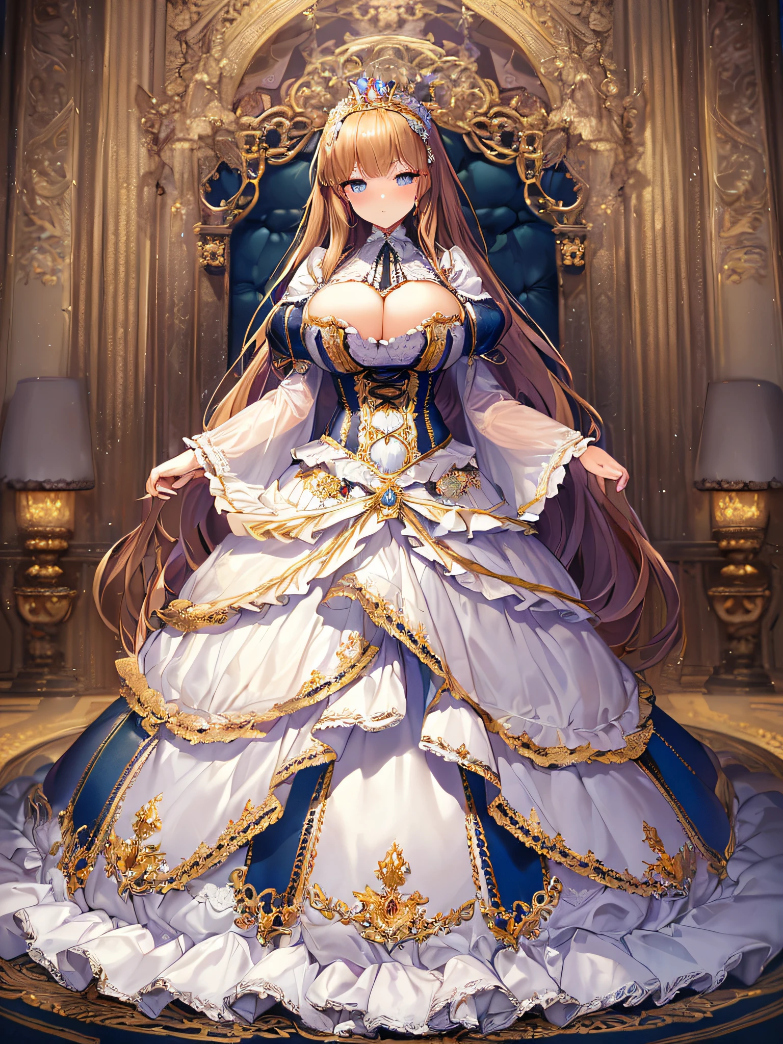 ((anime artstyle)),(Masterpiece),(Best Quality), (Super Detail),((Very Delicate and Beautiful)),((Solo)),((full body)),((1 princess in gorgeousfull victorian dress with voluminous skirt)),many ruffles,detailed face and eyes,jewel-like eyes,((voluminous Very Long Straight Hair)),((gorgeousfull embroidery and lace)),gorgeous corsage,See-through,gorgeousfull hair ornament,gorgeousfull glitter jeweled tiara,ornate ruffles,((gigantic breasts,Long breasts)),skindentation,((full body)),((hoop skirt,crinoline)),standing pose,Dynamic Angle,Looking at viewer,royal victorian palace,(((gorgeous embroidery gorgeousfull victorian dress with voluminous skirt)),full body