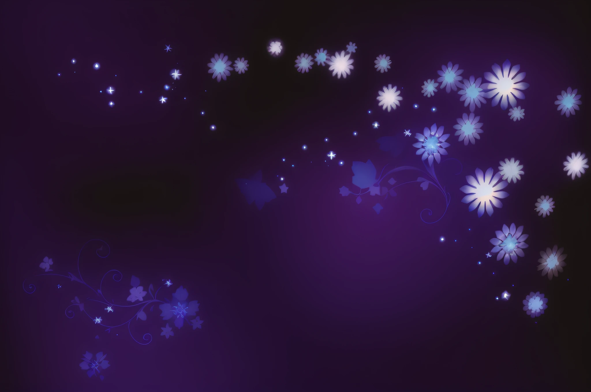 There is blue background with white flowers and stars, night sky full of flowers, Night background, Magical background, background artwork, fairy tale style background, Starry background, indigo background, magical fairy background, dreamy floral background, Cosmic night background, Dark blue background, dark and stars in the background, background is made of stars, The stars sparkle in the night, celestial background