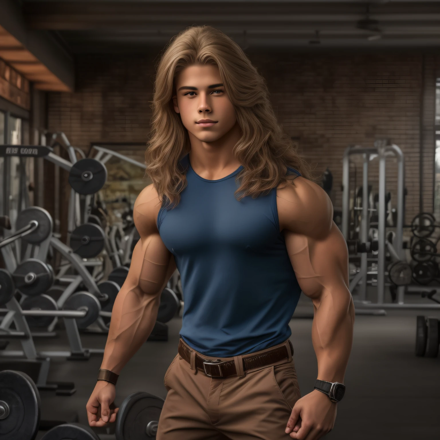 An 18-year-old boy bodybuilder, embodying the perfect fusion of Joey Lawrence and Cody Calafiore with long hair, exuding an aura of strength and confidence. Enhanced with HDR technology, this image depicts a true masterpiece, 4K resolution, flawlessly rendered anatomy, photorealistic painting by Adam Dario Keel, trending on Artstation, hyperrealism