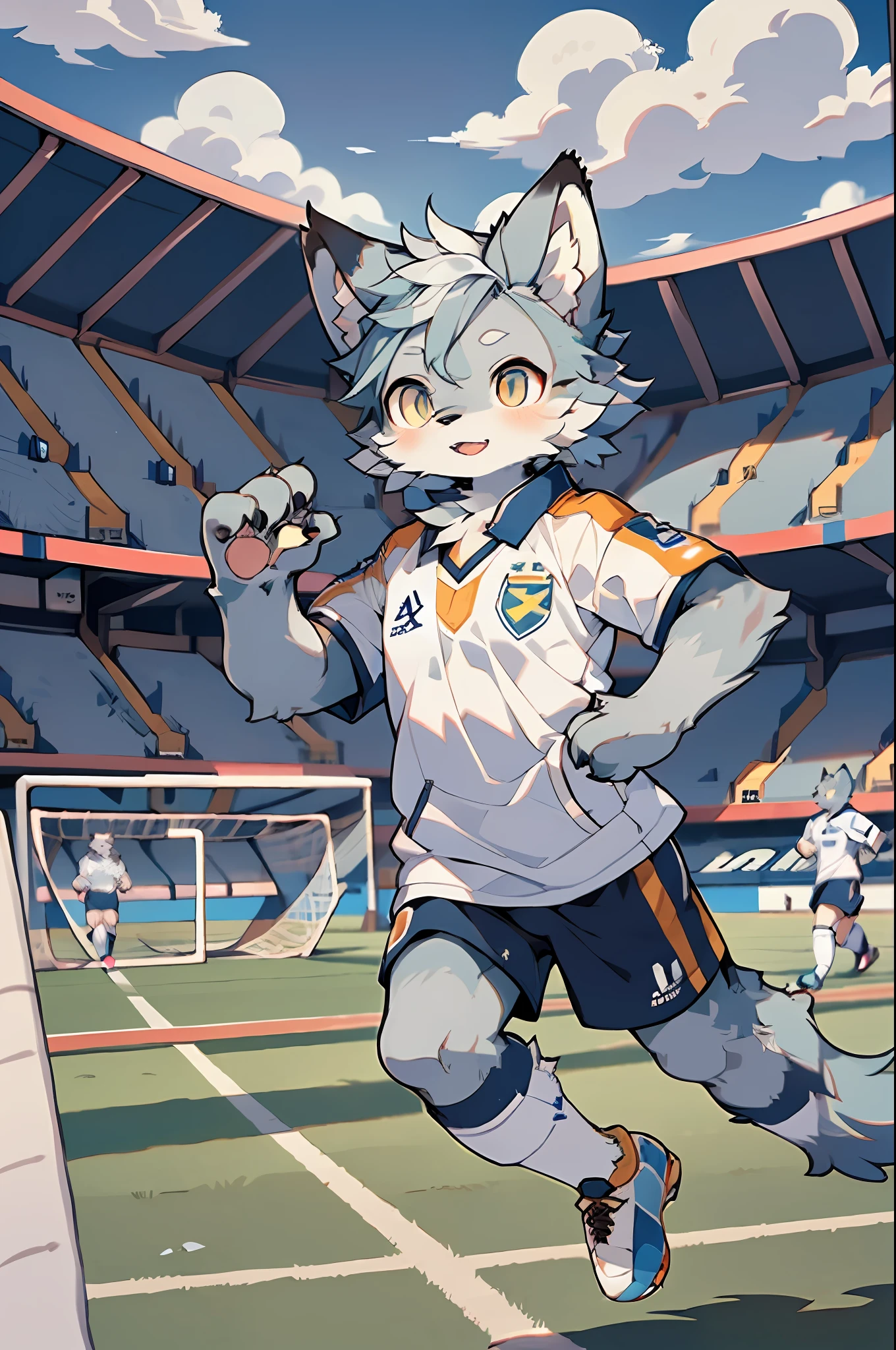 quality), (tmasterpiece),(ultra - detailed),Chengdu Universiade，Small animals to cheer on， (hairy pubic), Hairy all over，Furry,(Male arctic fox:1.5), (gray colored skin:1.3), (Fluffy tail:1.2), Character focus,(Golden eyes), (Canine paws), (grey ears),tack sharp focus,(The furry feeling of animal ears),(sport)，((Wearing a Soccer Suit))，(((play soccer)))，((Run))，(dribbble)，perspired，on a football field，detailedbackground，Sunnyday，with blue sky and white clouds