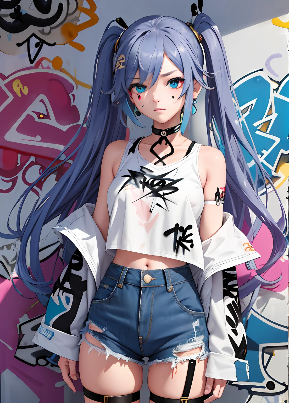 巨作, Best Quality, 1girl, 独奏, crop top, denim shorts, choker, (graffiti:1.5), Paint spraying, arms behind the back, Against the Wall, looking at the scenes, bracelet, thigh strap, head tilted, bored, multicolored hair, aqua eyes, headset,