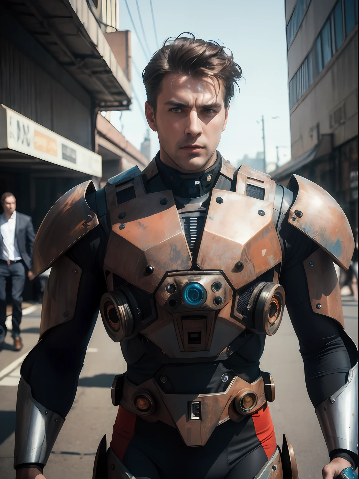 Portrait photo of an alpha male, perfect eyes, in a worn mecha suit, intricate, (steel metal [rust]), elegant, sharp focus, photo by greg rutkowski, soft lighting, vibrant colors, masterpiece, ((streets)), cowboy shot, dynamic pose,