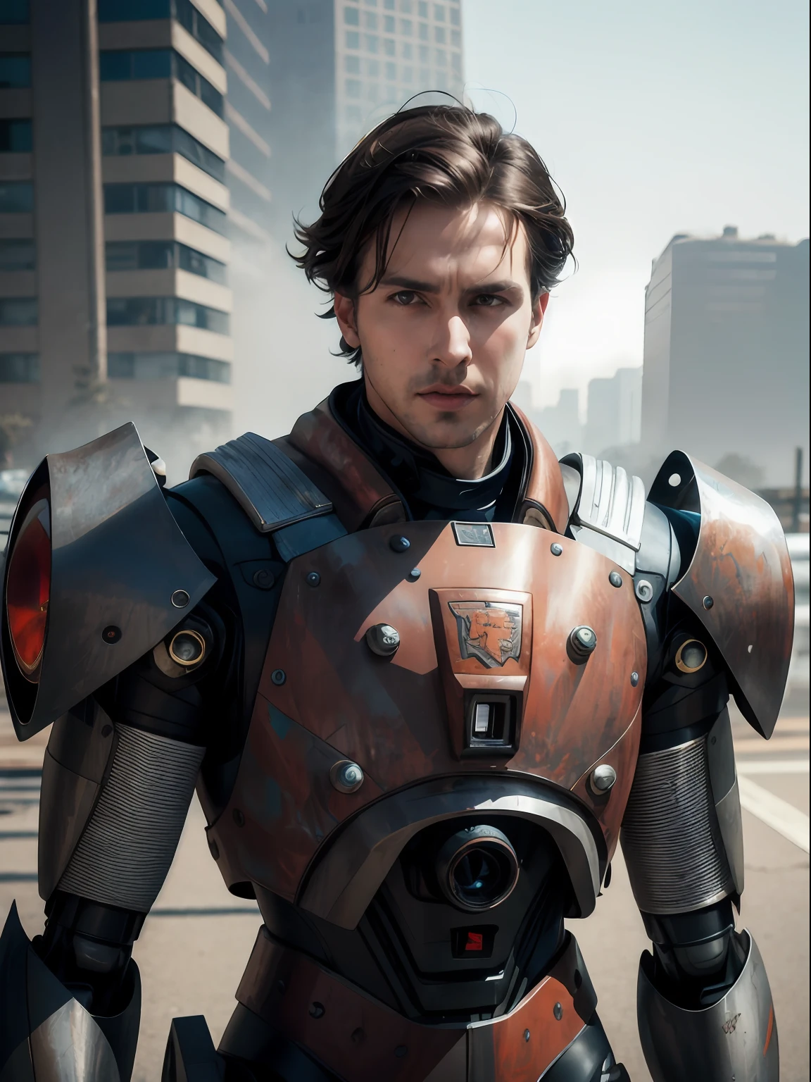 Portrait photo of an alpha male, perfect eyes, in a worn mecha suit, intricate, (steel metal [rust]), elegant, sharp focus, photo by greg rutkowski, soft lighting, vibrant colors, masterpiece, ((streets)), cowboy shot, dynamic pose,