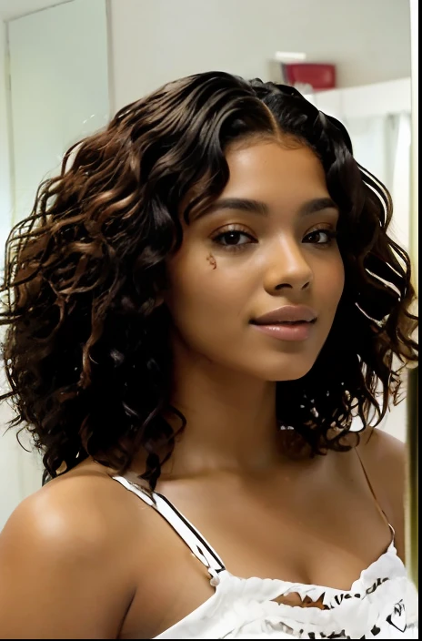 Argada woman with curly hair standing in front of a mirror, franja encaracolado, (cabelos cacheados escuros e curtos), cabelos cacheados, cabelo encaracolado preto, cabelos escuros cacheados, seu rosto emoldurado com cachos, messy curly hair, cabelos negros cacheados, cachos por cima, curly hair, encaracolado, afro encaracolado, cabelos castanhos cacheados, curly middle part haircut, cabelos cacheados e curtos