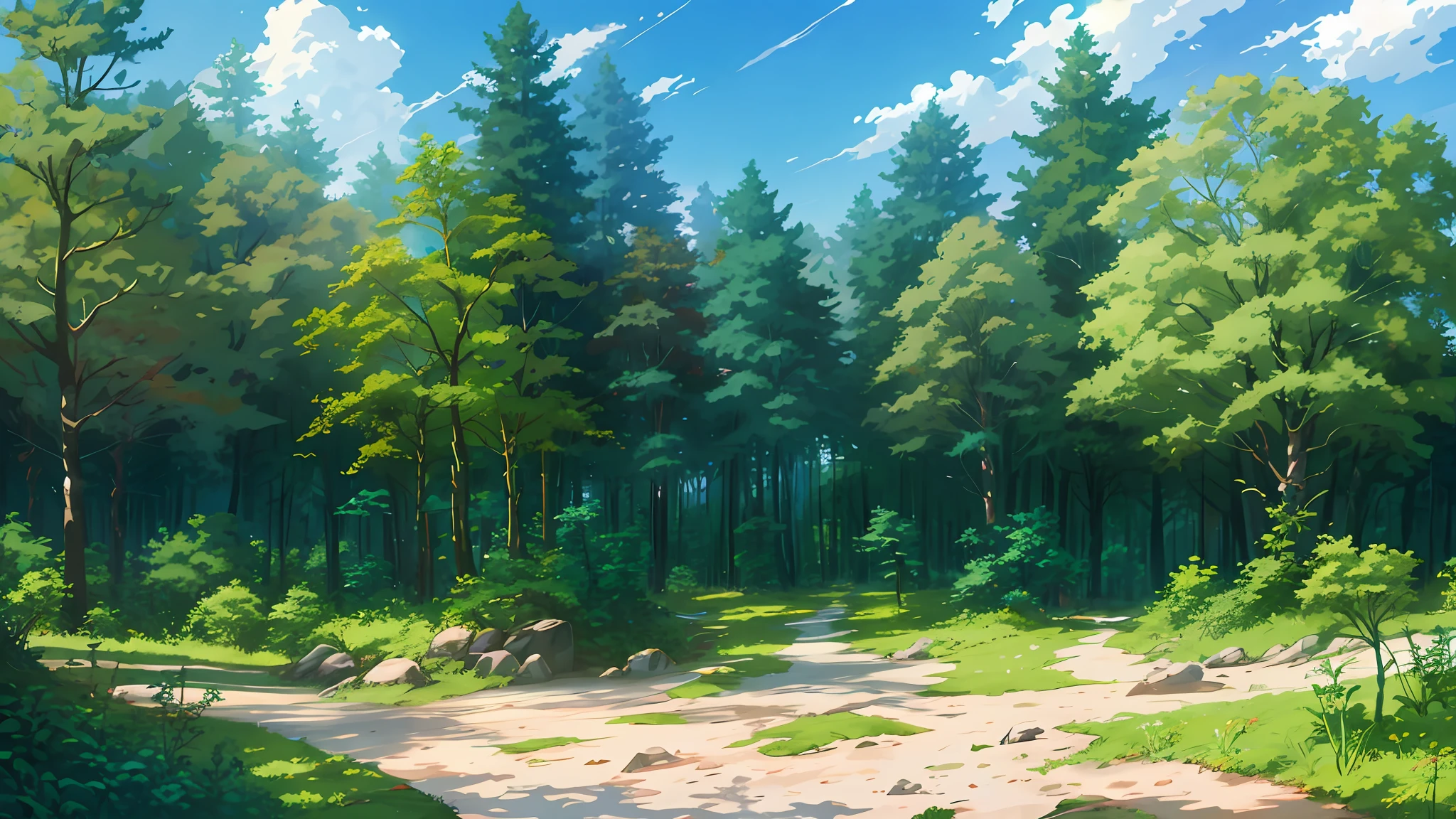 scenecy,Deep in the forest,Skysky,clouds,quadratic element,hiyao miyazaki,Studio Gypley,A high resolution,high qulity
