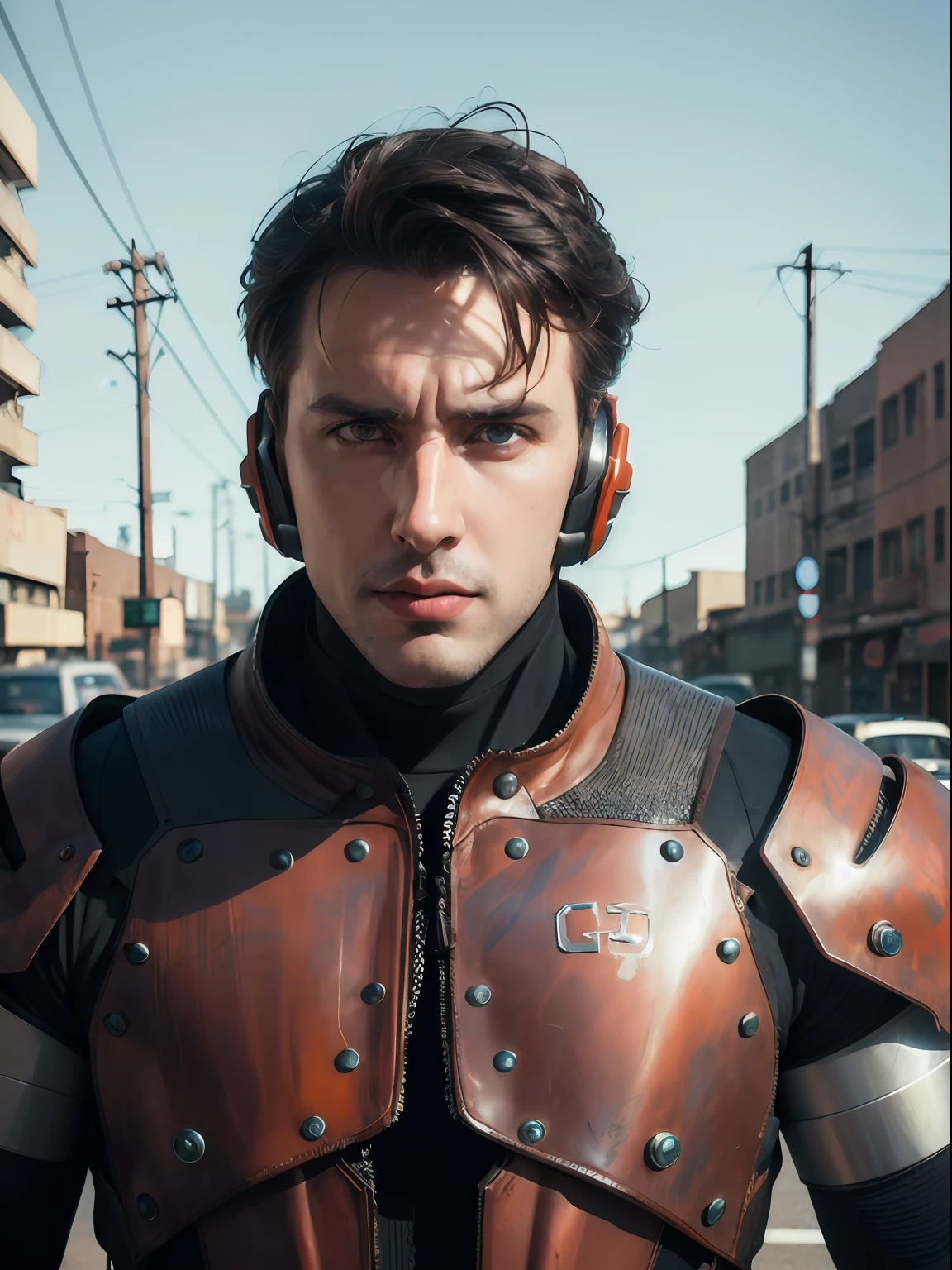 Portrait photo of an alpha male, perfect eyes, in a worn mecha suit, intricate, (steel metal [rust]), elegant, sharp focus, photo by greg rutkowski, soft lighting, vibrant colors, masterpiece, ((streets)), cowboy shot, dynamic pose,