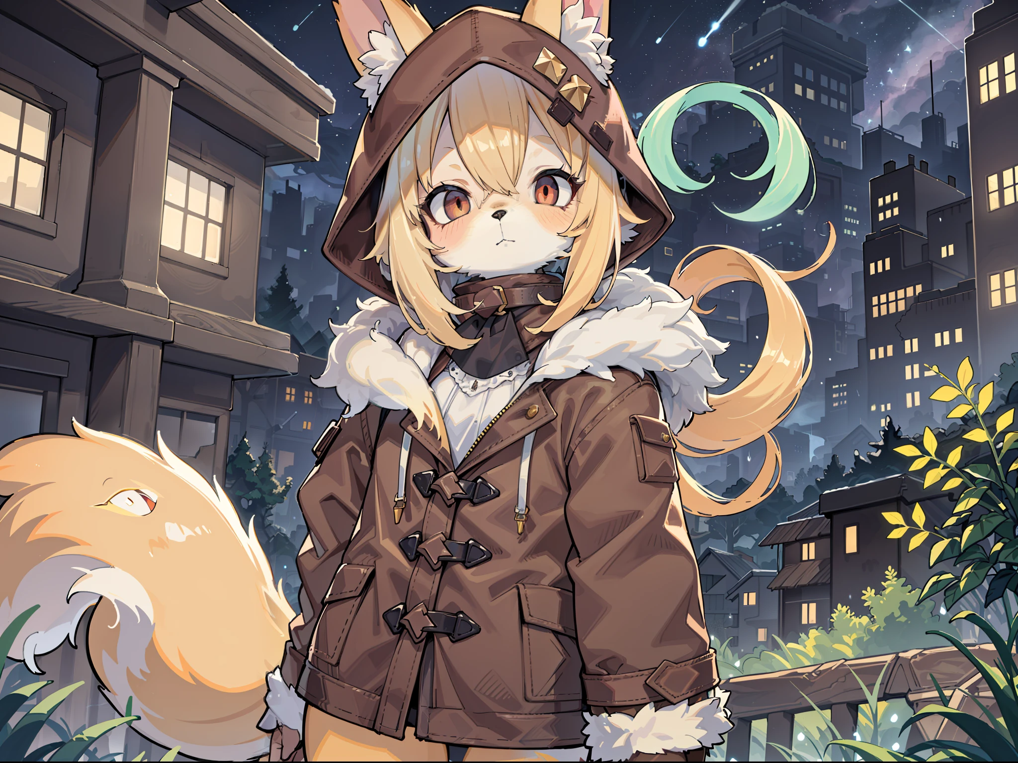 Shota the fox,hairy pubic,shaggy,Skin fur,Golden fur,Golden yellow face fur,Short straight blonde hair,Eyes have light,Red eyes,Brown elements on fur,Brown coat brown hood up,Star pattern white top,brown shorts,Beautiful lights and shadows,Ambient light,Ultra-fine fur,volumettic light,natural lightting,Fluffy tail,Dilapidated building,Plant elements in ruins,lichen,There is no other life,Night,starrysky,Vast landscape,crossed bangs, Hairline, Shiny hair, lone nape hair, ,Dilated pupils,Sleepy,(moon full:1.2),(meteors:0.9),(Starcloud:1.3)(Warm light source:1.2),Rained,wetclothes, (overcast sky, Standing downpour:1.1), Extra-long sleeves, Purple and orange,Complicated details,Volumetriclighting,Realist breakthrough(tmasterpiece:1.2)(best qualtiy),4K,Ultra-delicate,(Dynamic configuration:1.4),Highly detailed and colorful details,(Irridescent color :1.2),(luminouslighting,Atmospheric lighting),dream magical,magic,(独奏:1.2)Glowing light,Empty eyes