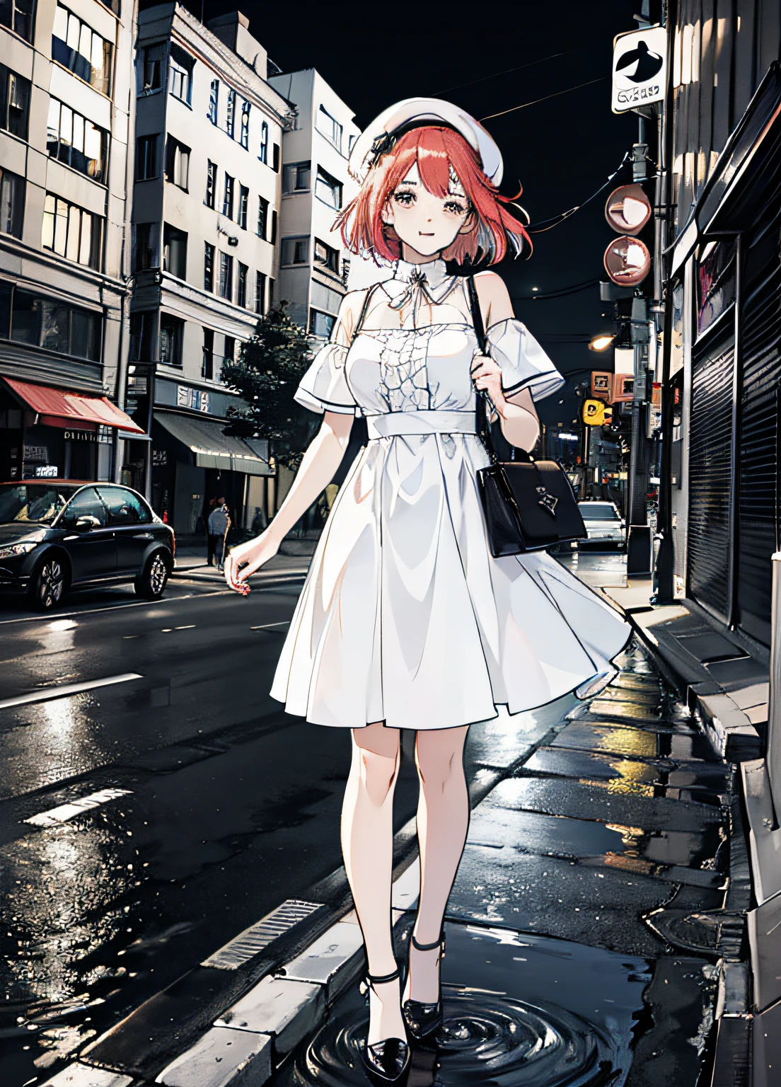 Short hair details, Short white dress, short sleeved top,cheerfulness, anime big breast, Fuji colors, hyper HD, Masterpiece, Textured skin, Super detail, High details, High quality, Best quality, A high resolution,Night view of the city center,Street side,There are cars on the street,Black shoes,white legwear,Tilt your head and laugh,redheadwear