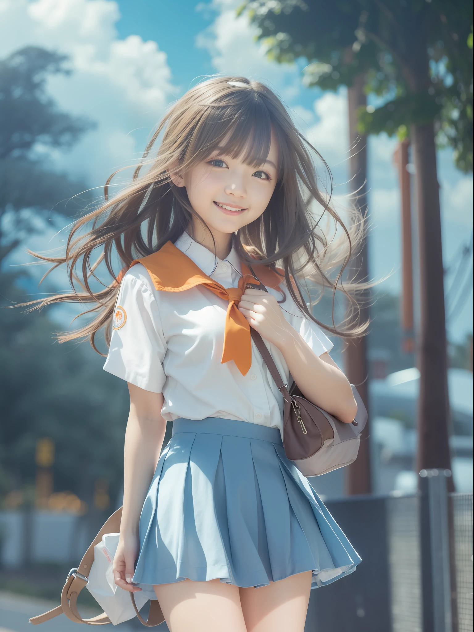 4K,neons, Best Quality, Hyper Detail,1girl in, , cloud, Bag, Short hair, Outdoors, Skirt, School uniform, School bag, White shirt, Blue sky,Full body, Short sleeves, Power lines, Cloudy sky, Standing, hands on pockets, cumulonimbus clouds, Sailor collar, tree, light Particle、Happy smile、realisitic、Live action、a miniskirt、Orange sunset、Looking at the camera、Happy smile、Faces close、Skirt flipping in the wind、Face up、clean nose、White underwear