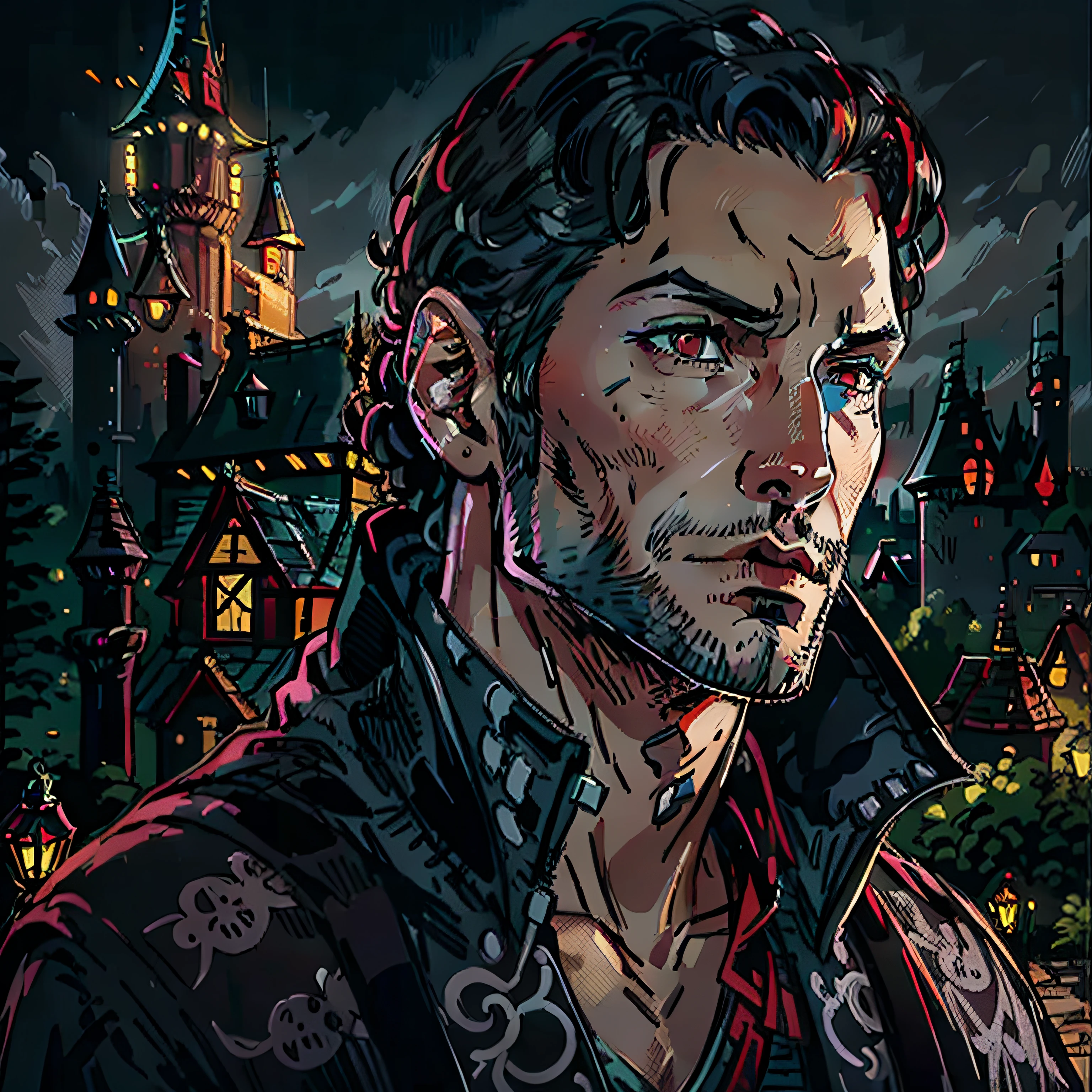 Tom Ellis look a like, vampire, fancy, rpg character, medieval fantasy, close up portrait, sexy, mel, castle background, night, dark ambience