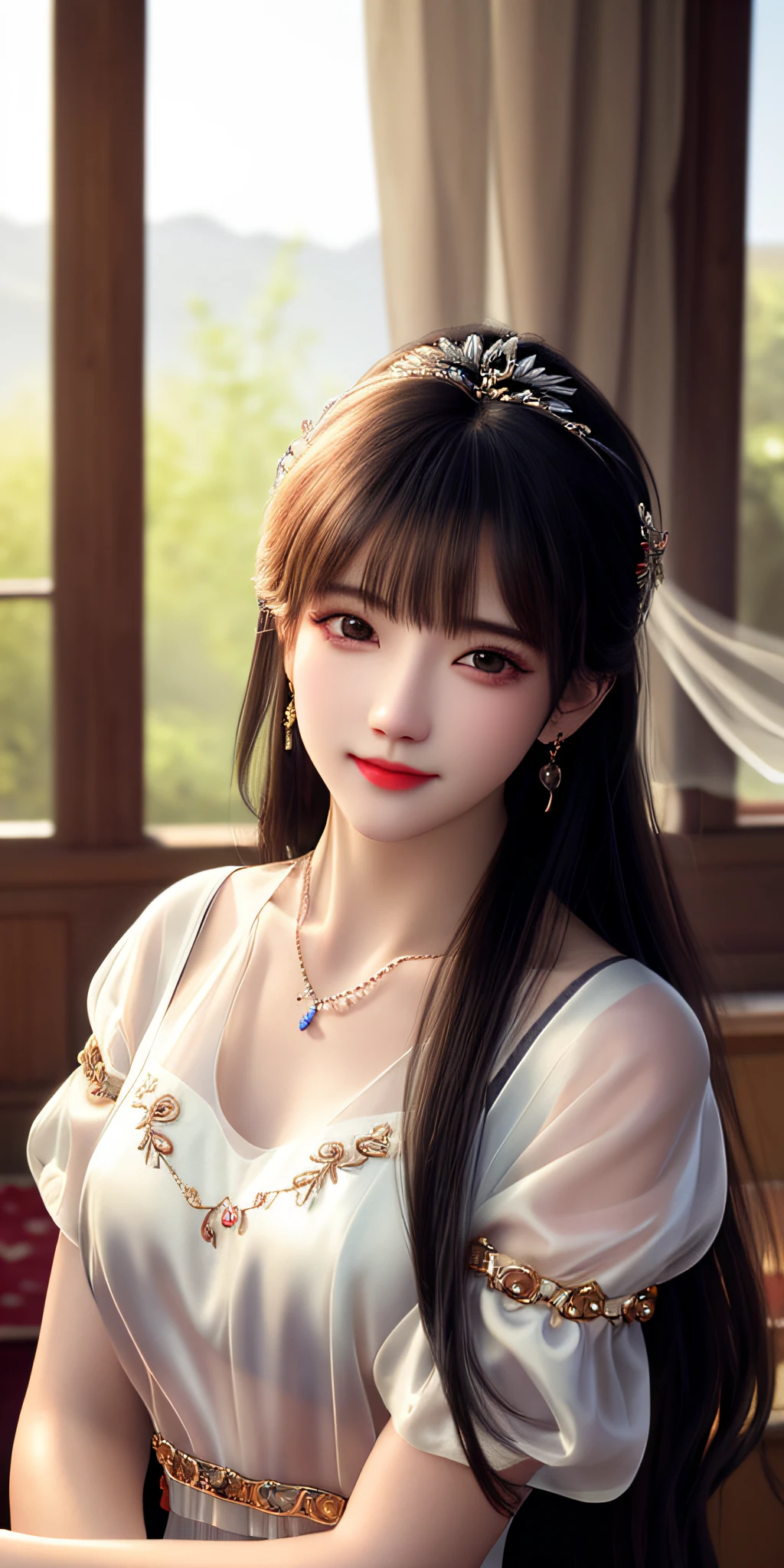 Best quality, masterpiece, high resolution, 1girl, clear silk porcelain dress, beautiful face, hair accessories, looking at the audience, smiling, close your mouth, lips, dress, hair accessories, necklaces, jewelry, long hair, earrings, beautiful face, on the body, Tindal effect, realism, dark studio, edge lighting, two-tone lighting, (high detail skin: 1.2), 8k UHD, DSLR, soft light, high quality, volumetric lighting, photo, high resolution 4K, 8k, blurred background