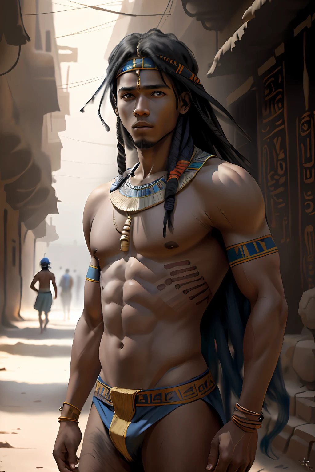 cabello color azul,The 15-year-old boy with straight hair with his back uncovered and his chest bare but dressed in typical clothes of ancient Egypt with dark skin walking lost through the different streets of a city is noon. doferentes angulos mira la ciudad desde lo slto de una colina.