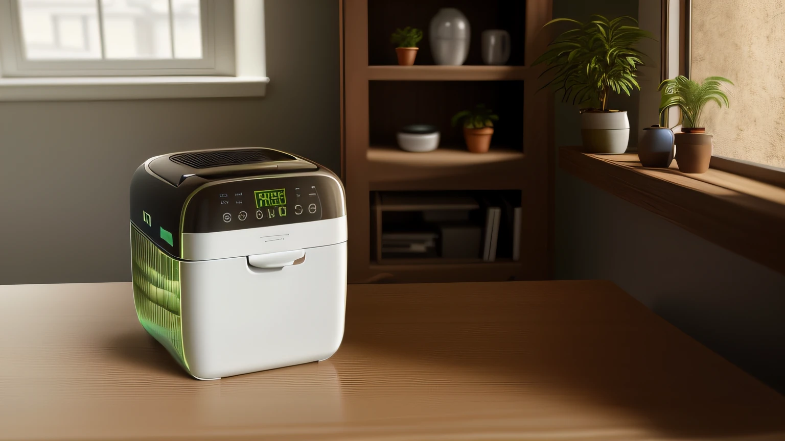 Air fryer placed on the table，（（photograph realistic）），（（Interior design）），（（modern day））Big breasts and big breasts（（eco）），（（Mood board）），（（architectural photography）），Dynamic perspective，dynamic angle，natural  lightting&gt;artificial lights，some plants，（（wood furnishings：1.2|\[metal furniture\]：0.8）），（（brick walls：1.1），（White wall），（Lots of natural light）），Spacious living area，earth colors，（（No Man）），Just furniture and plants，Chiaroscuro, hyper HD, 8K, Best picture quality ,realisticlying，Foto realism，cupboard，Lens perspective blur，Bright lights，Realistic lighting