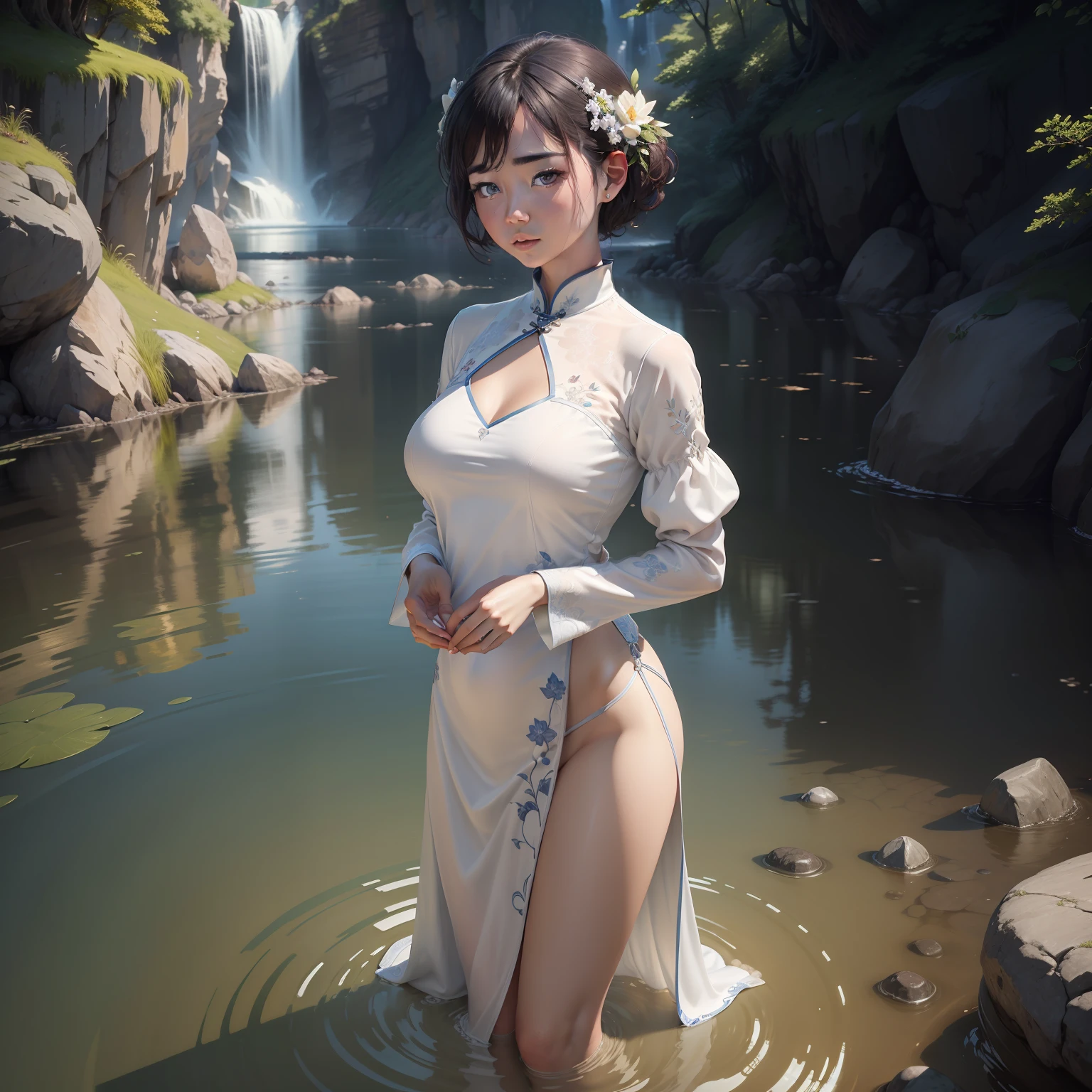 landscapes、Eau、(the Extremely Detailed CG Unity 8K Wallpapers)、most beautiful artwork in the world、Professional spectacular oil painting、with an intricate、high detailing、foco nítido、Dramatic and photorealistic pictorial art、Woman in white cheongsam standing by the water、short-hair、Beauty Breast 1.5、tiny chest、Exposed Lot、