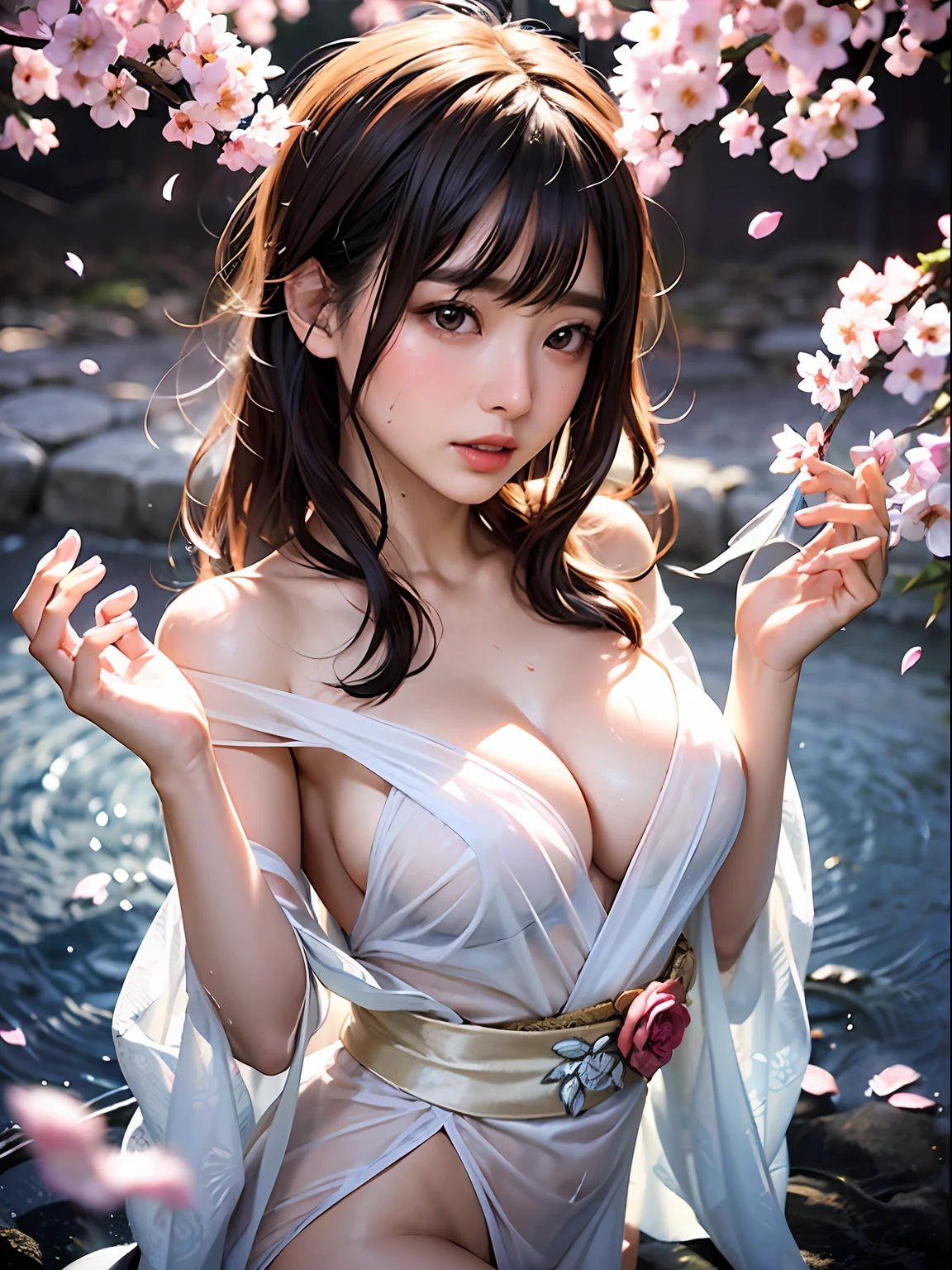 loose outfit、Show shoulders、How to wear a broken see-through kimono、Decorated with intricate patterns and bright colors、Transparent material that makes the skin shine、Artistic depiction of seductive woman in kimono with wet thin cloth and transparent skin, Floral and fantastic pattern with flowing silky traditional see-through skin。Her dress draped elegantly around her curvaceous figure、Emphasizes her charming silhouette。She's a gentle fireworks night、Dynamic Posing、Sexy Posing、bathed in the soft glow of moonlight。The scene is、With a hint of mystery and sensuality、It exudes an ethereal dreamy atmosphere。The image style is、Incorporates a blend of watercolor and digital illustration techniques.、It makes you feel delicate beauty and charm。Soft moonlit lighting、Cast gentle highlights and shadows on her mesmerizing features。Dynamic Posing、Bold poses、The hand is somewhere、see -through、show through、A sexy、Wet hair、Wet、cherry trees、flower petals、cherryblossom、The cherry tree、Sakura blizzard、buried、Transparent skin、Wet clothes、Chest Pulling、Translucent clothes、On the water、