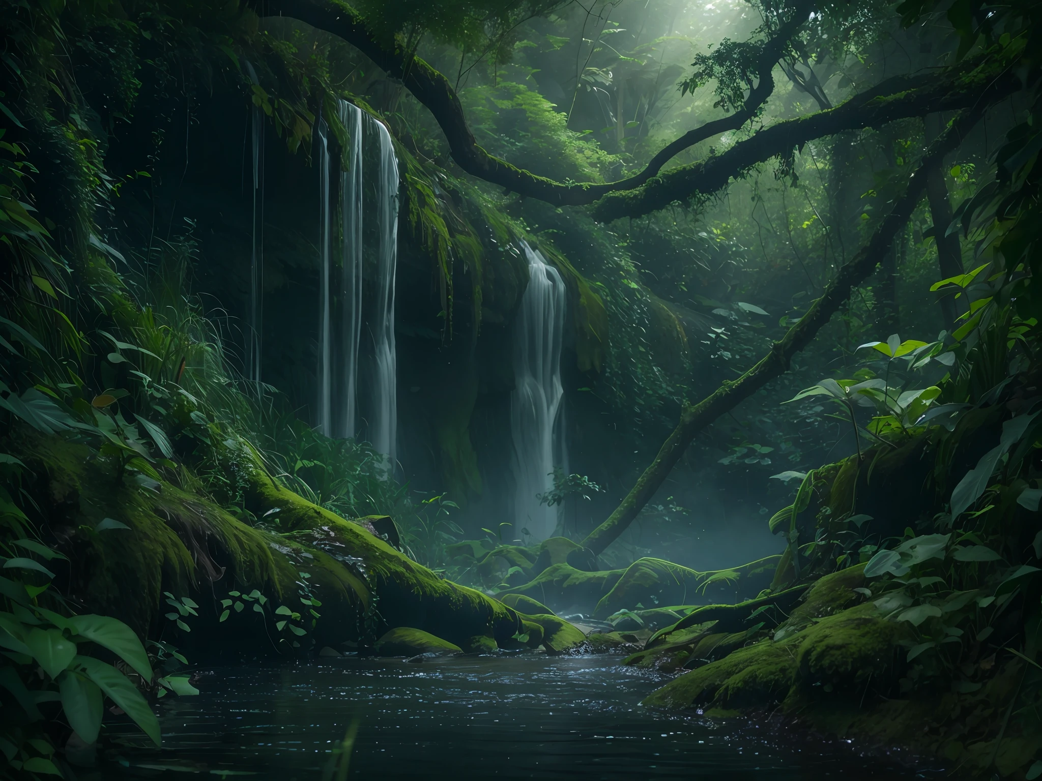 Mysterious,jungle,deep forest,waterfall,komorebi,dark,8k,realistic photo,relic in deep forest