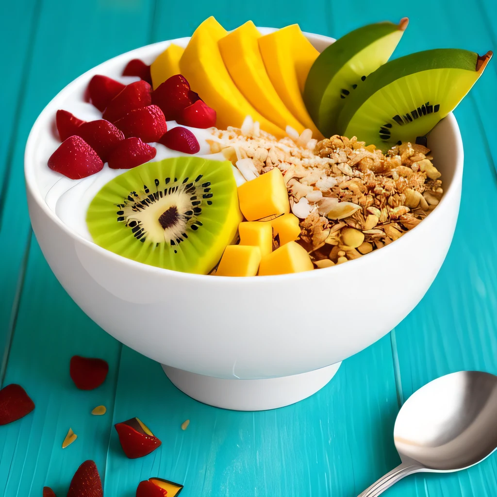 A vibrant and colorful tropical smoothie bowl with ripe mango, juicy pineapple, and tangy kiwi, topped with crunchy granola and shredded coconut. The smoothie is thick and creamy, with a refreshing sweetness and a hint of tartness.
Modifiers: Bold, vibrant, rich, aromatic, spicy, savory, tangy, sweet, fresh, crunchy, chewy, melt-in-your-mouth, zesty, succulent.
The image should be captured in high resolution to showcase the vibrant colors and intricate details of the dish. The lighting should be soft and natural to highlight the textures and flavors of the food.