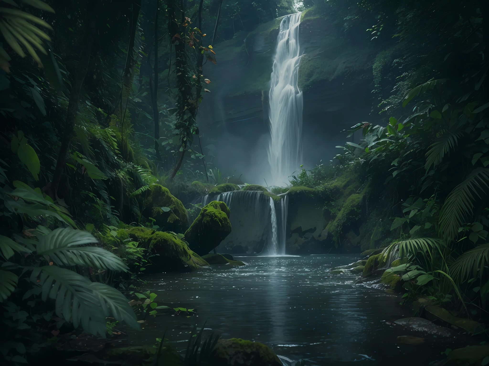 Mysterious,jungle,deep forest,waterfall,komorebi,dark,8k,realistic photo,relic in deep forest