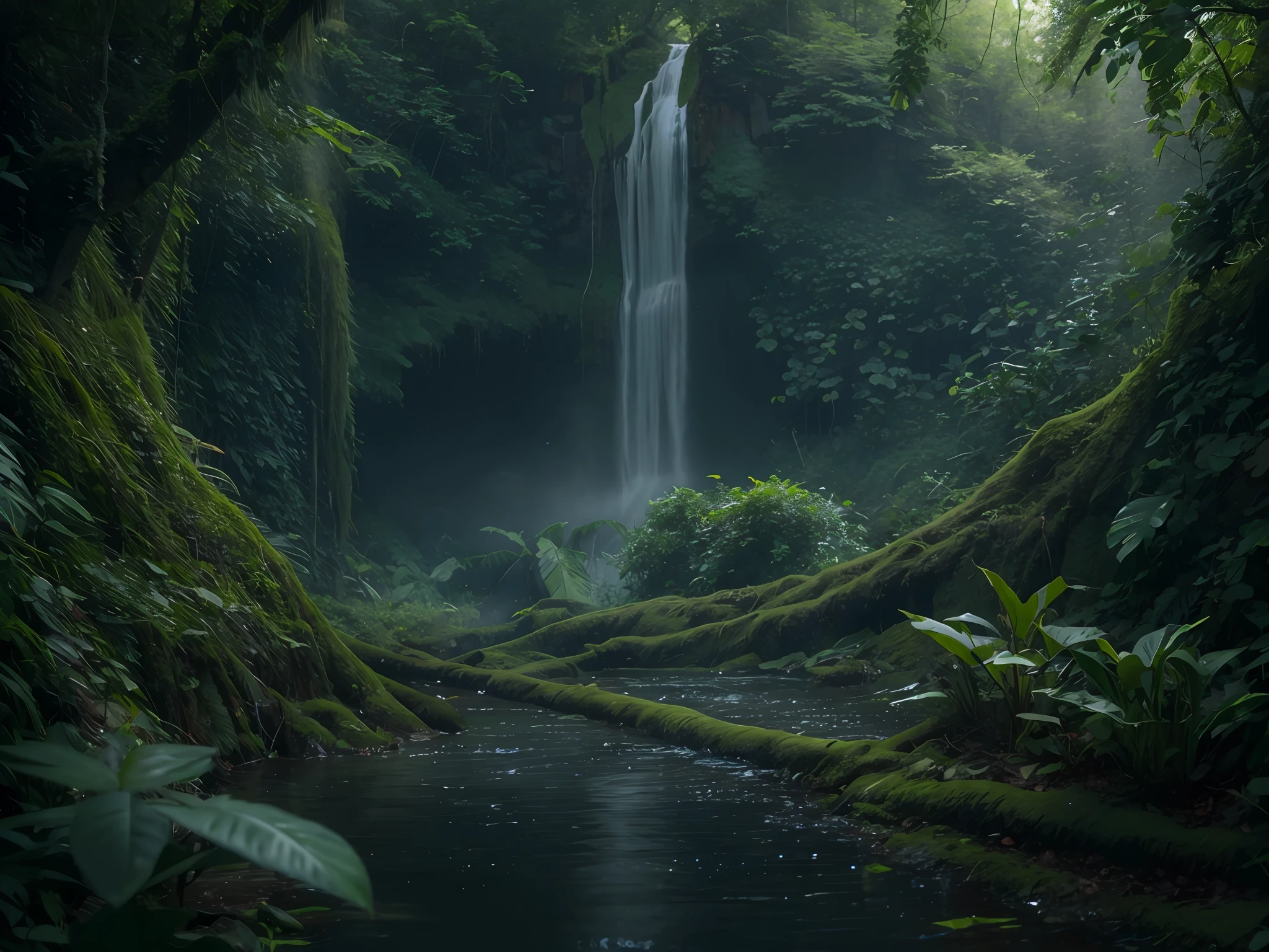 Mysterious,jungle,deep forest,waterfall,komorebi,dark,8k,realistic photo,relic in deep forest