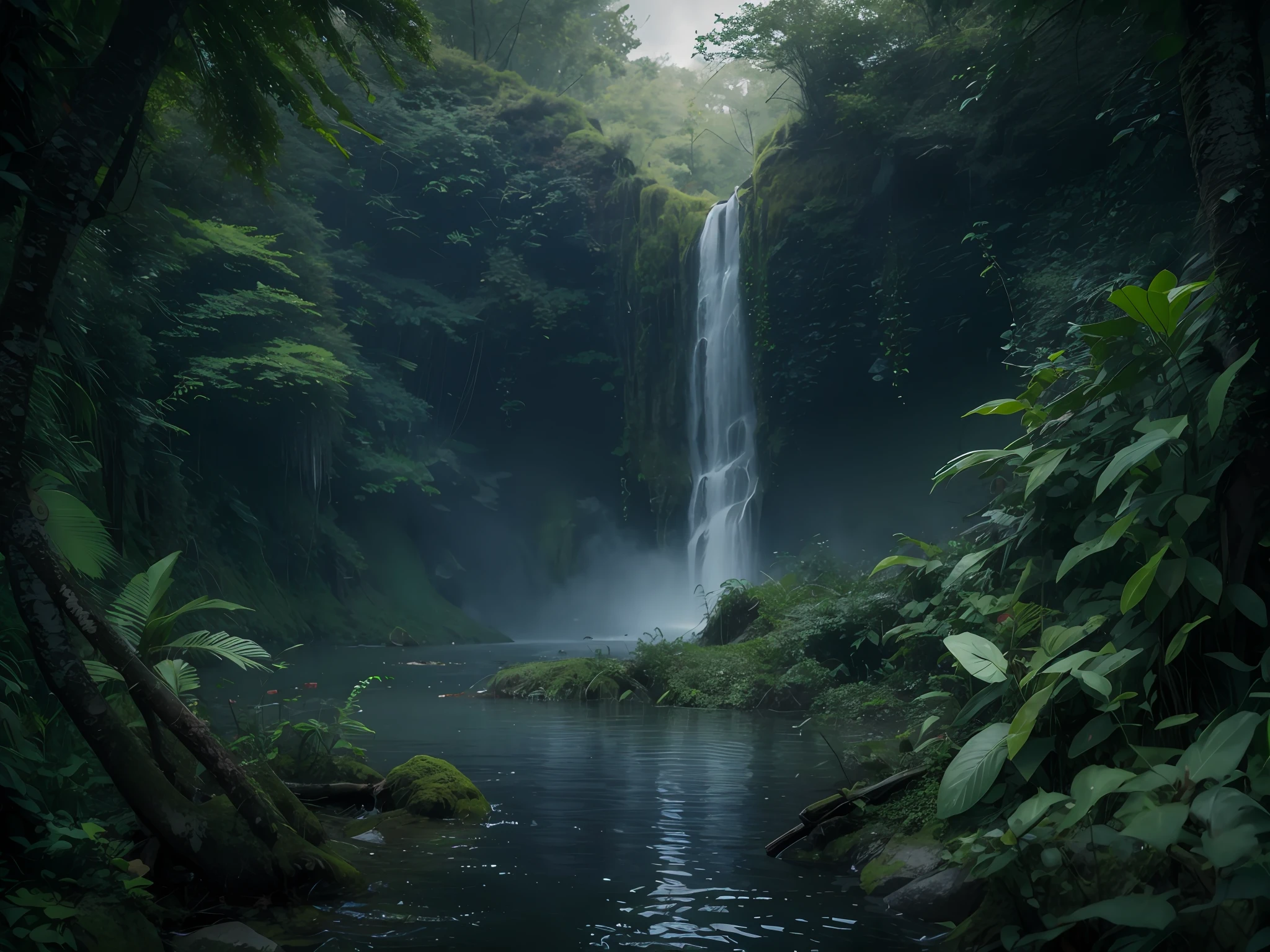 Mysterious,jungle,deep forest,waterfall,komorebi,dark,8k,realistic photo,relic in deep forest