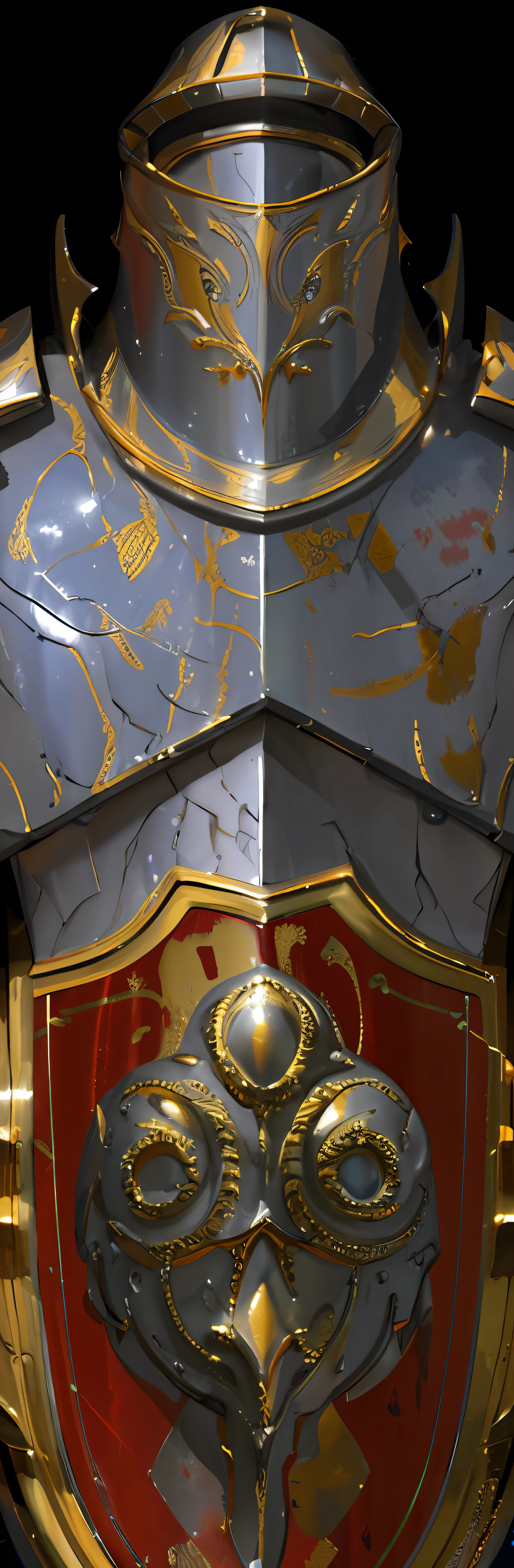 Close-up of shiny armor with red and gold shields, art nouveau octane render, rendered in houdini, intricately details. illusory engine, Obras de arte intrincadas. rendering by octane, detail render, unreal detail, polycount contest winner, 4 K detail fantasy, dramatic lighting hyper detail, 3d magical details, intricate detail realism hdr, intricate ornate anime cgi style