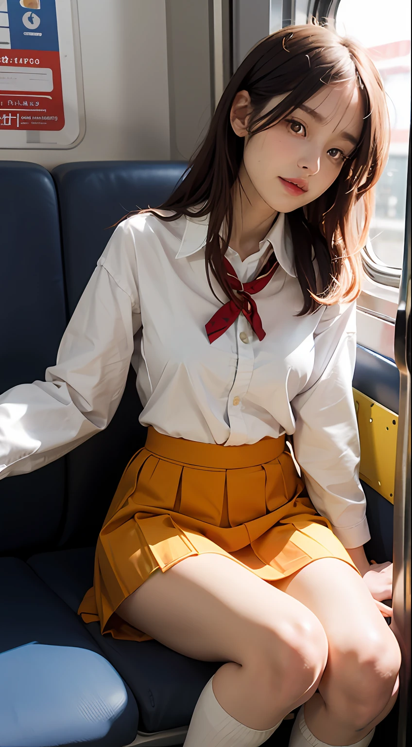 sitting in the train seat,Woman with legs crossed, Sitting on the train, Crossed legs, Legs crossed, legs taking your pov, sitting cross-legged, Surrealism female students, of a schoolgirl posing, wearing skirt and high socks, close-up on legs, legs visible, Wearing a Japanese school uniform, Surrealism female students