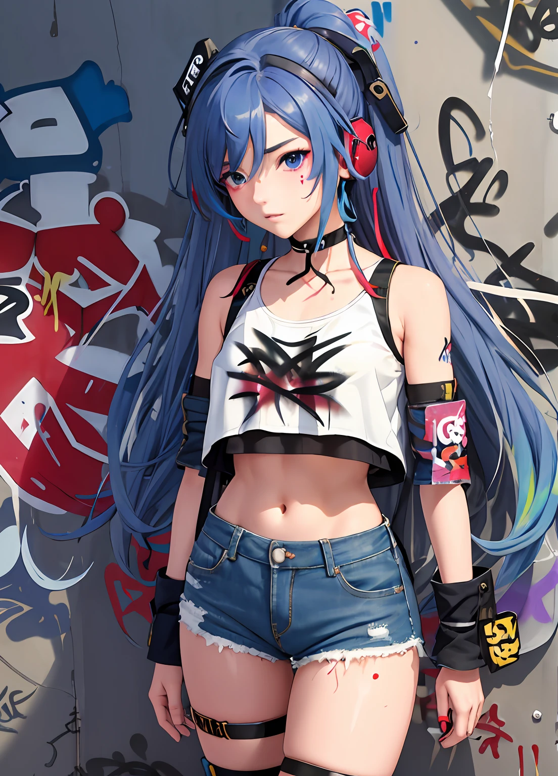 巨作, Best Quality, 1girl, 独奏, crop top, denim shorts, choker, (graffiti:1.5), Paint spraying, arms behind the back, Against the Wall, looking at the scenes, bracelet, thigh strap, head tilted, bored, multicolored hair, headset,