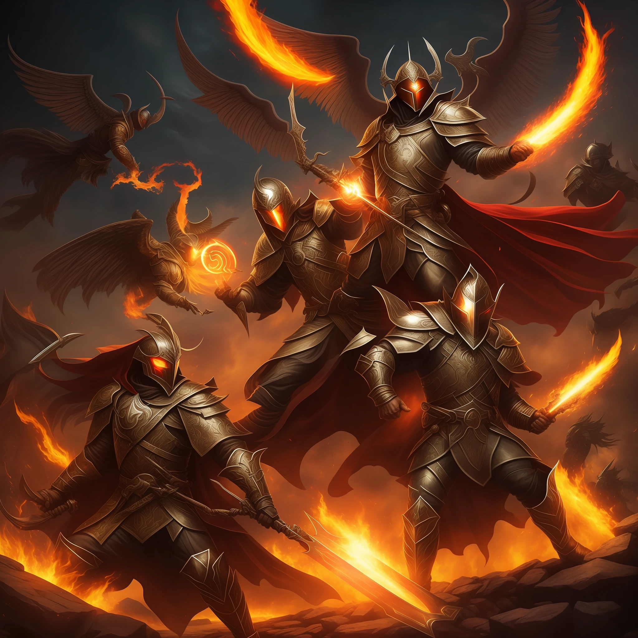 Desenhe uma imagem impressionante representando a guerra espiritual. Na cena, Two armies face each other - one representing the forces of good, liderado por um guerreiro celestial com armadura luminosa e uma espada brilhante, symbolizing divine justice and protection. Do outro lado, A dark and menacing army, led by a malevolent dark warrior, com olhos incandescentes e vestindo uma armadura escura. Ao fundo, The sky is illuminated by a cosmic battle between angels and demons, representando o conflito entre o divino e o maligno. The image should convey tension and action, showing the spiritual warriors engaged in an epic battle for the fate of humanity. No centro da imagem, coloque um escudo com o emblema de uma cruz, symbolizing the faith and protection of believers in spiritual warfare. Ao redor do escudo, insira chamas, representing the fire of the Holy Spirit that consumes evil. A imagem deve capturar a intensidade da guerra espiritual, while highlighting the importance of faith, courage and trust in divine forces to overcome evil. May the scene awaken in the viewers a sense of purpose and hope in the final victory of the forces of good over the forces of darkness