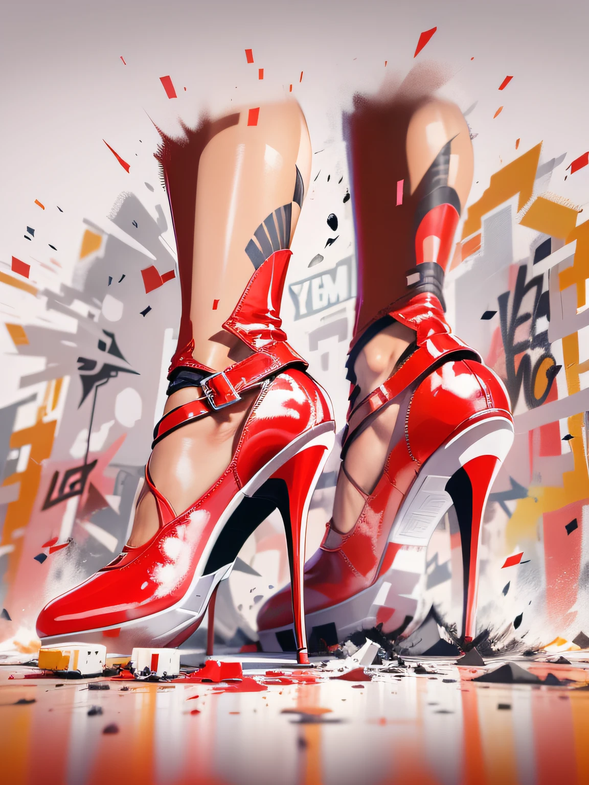 Vector, Print-ready colorful graffiti, illustartion: red high heels, action shot, high detail, whitebackground