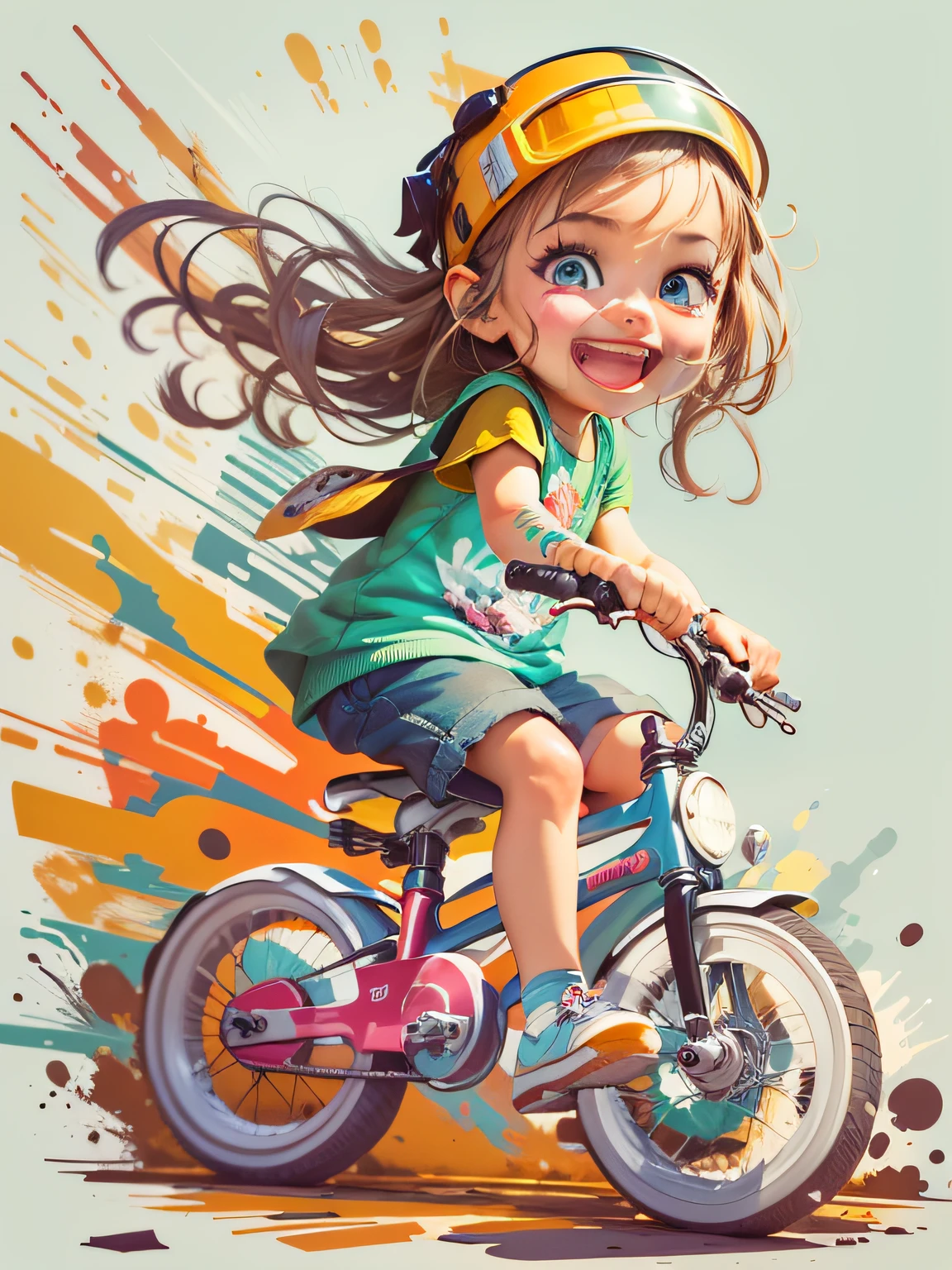 Vector, Print-ready colorful graffiti, illustartion: cheerful smiling girl on a tricycle, action shot, high detail, whitebackground