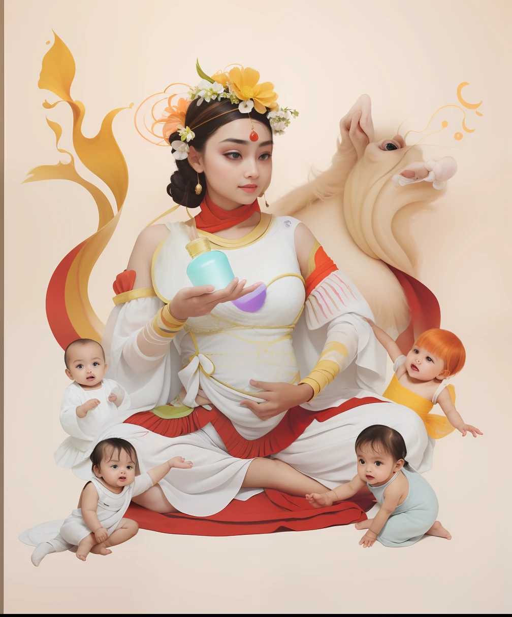 (32k,RAW photos,best qualtiy,tmasterpiece:1.6),(realisticlying,Foto realism:1.72), In a fascinating picture,An Indian elegant woman,brunette color hair,Wear an Indian sare,Light yarn fluttering,Holding a bottle in his hand,Holding a ,There are 4 small babiere are 5 small babies in total,robe,Baby's cuteness,It creates a captivating scene of harmony and otherworldly beauty。 hdr,(真实感,Masterpiece quality,best qualtiy),,PureErosFace_V1,Urzang-6500-V1 version.1,nice hand,Good feet,good legs,realisticlying,(Delicate beautiful eyes and delicate face),(Clear focus,rich details),The background is full of light,calm expression,Aliasing,depth of fields,gentle lighting,Tone-mapping,Background highly detailed,Dramatic lighting,A Hasselblad X2D camera and a 100mm f2 were used for shooting.2 lenses,plethora of colors,The light is gentle,It has a super realistic texture。